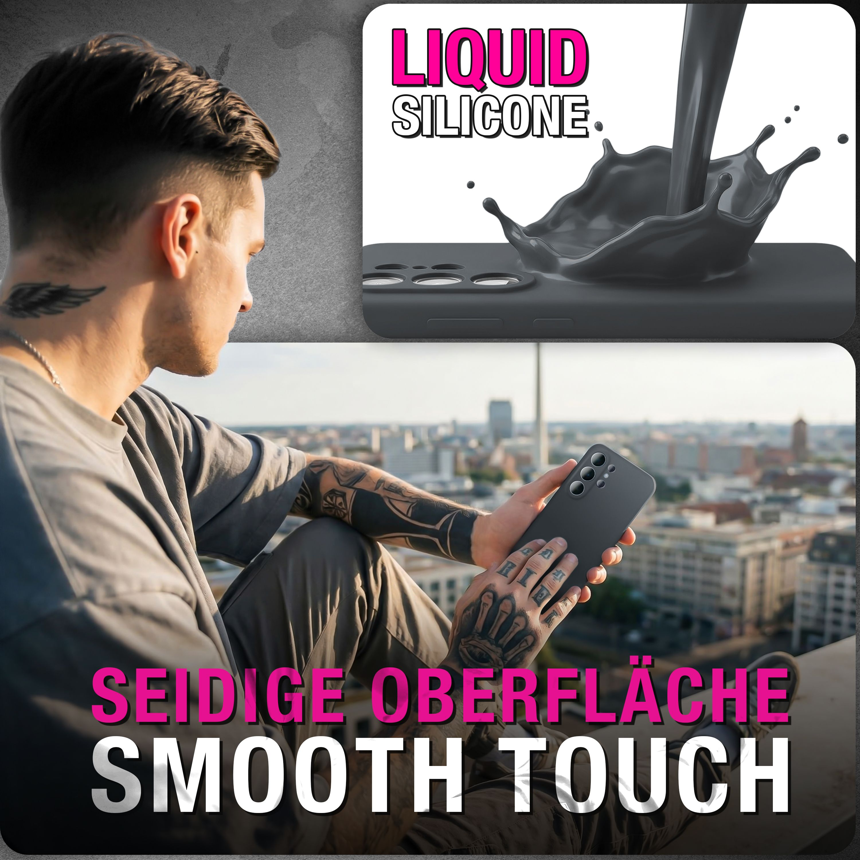 Mann mit Tattoos hält ein Smartphone, Flüssigsilikon fließt.