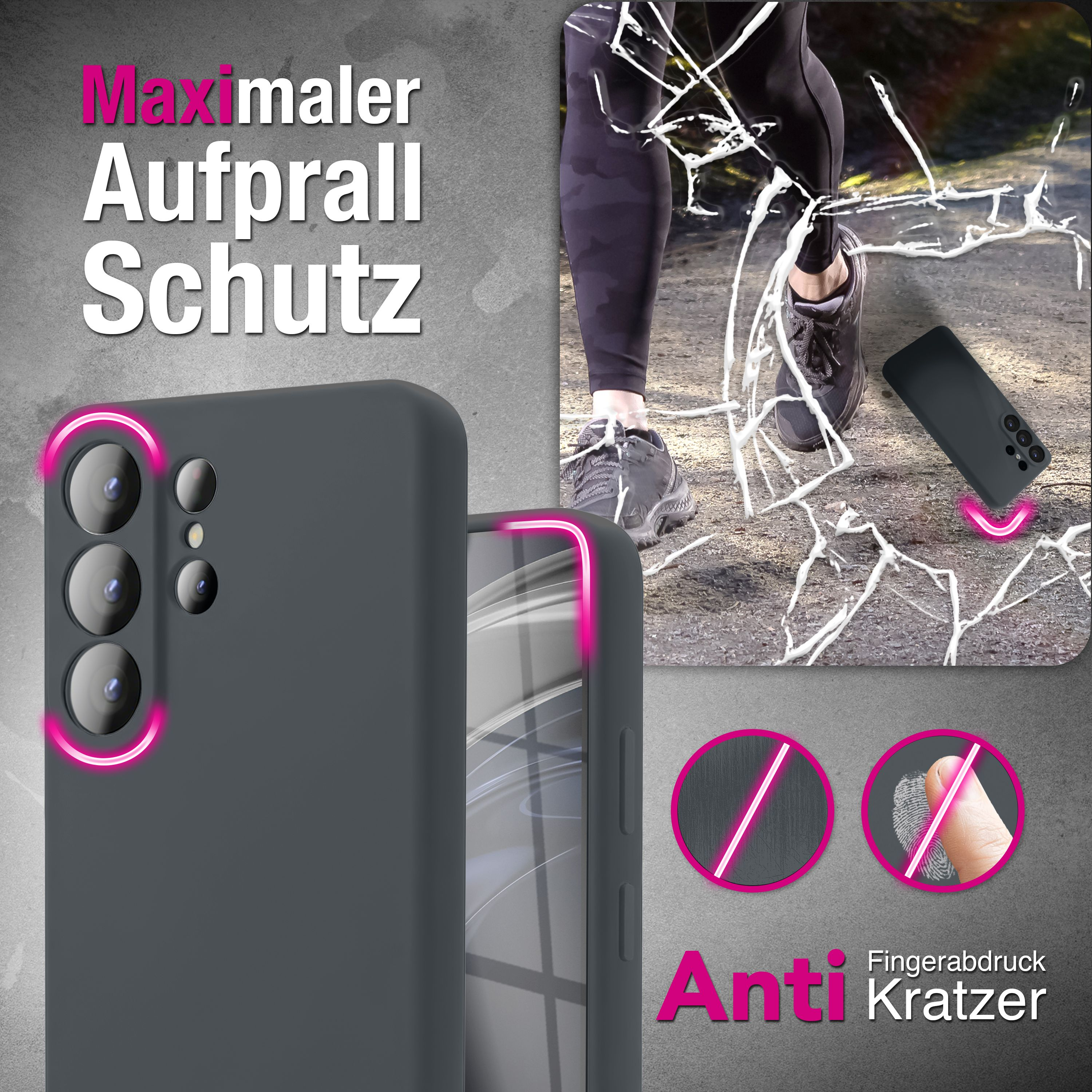 Dunkelgraues Handycover mit Kameraschutz. Läuferbein mit zersplittertem Glas.