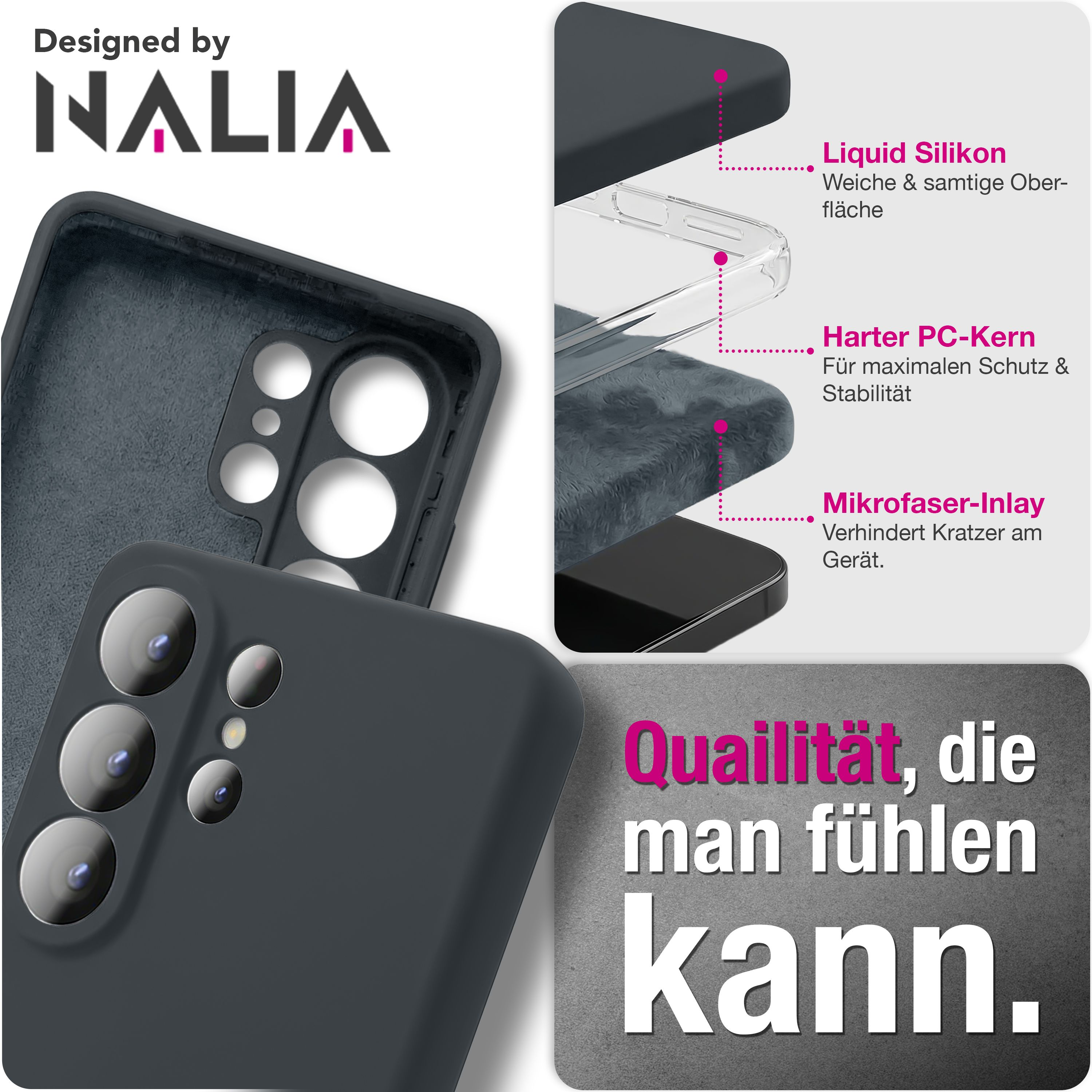 Dunkelgraue Handyhülle mit Kameraausschnitt und Text "Qualität, die man fühlen kann."