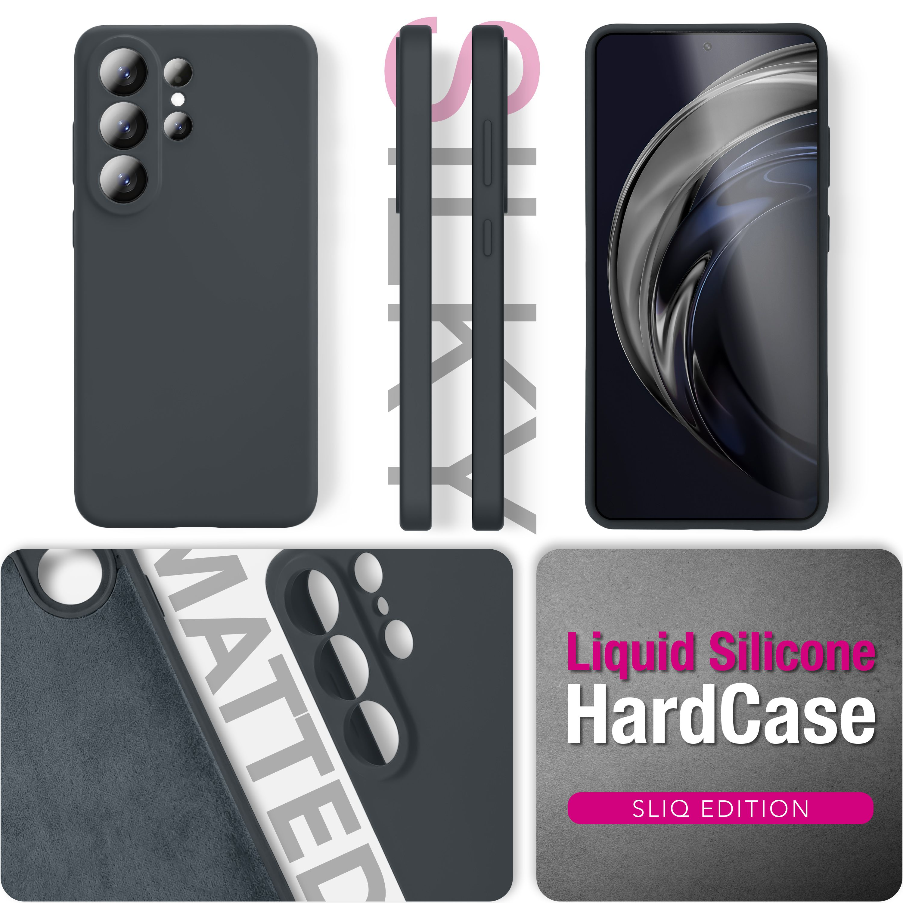 Dunkelgraues Handycover mit Kameraaussparung und Innenseite.