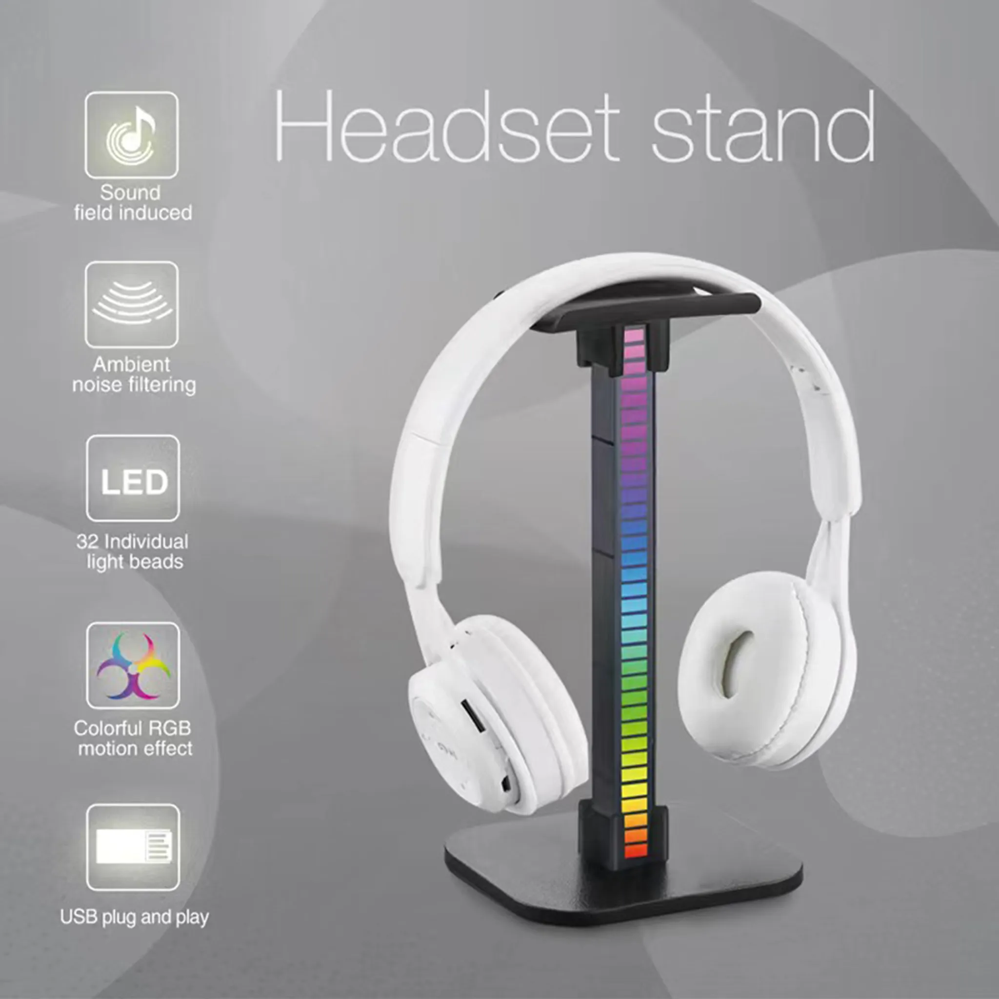 Weißes Headset auf einem Ständer mit farbiger LED-Anzeige.