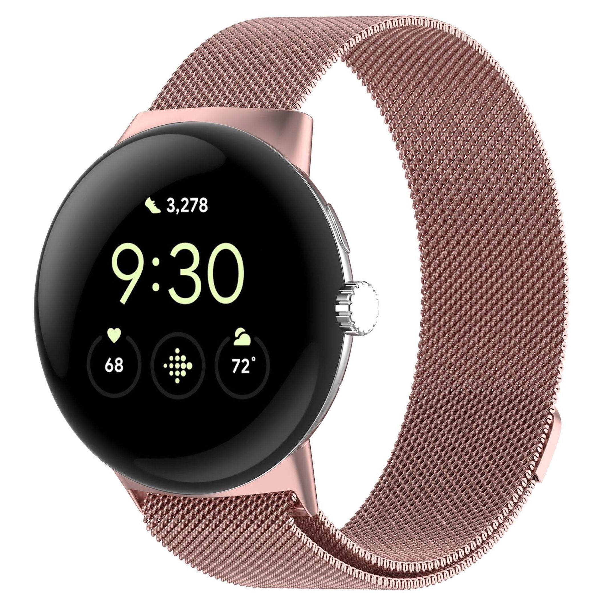 Rote Smartwatch mit Mesh-Armband, zeigt 9:30 Uhr, 3.278 Schritte, 68 Herz, 72 Grad.