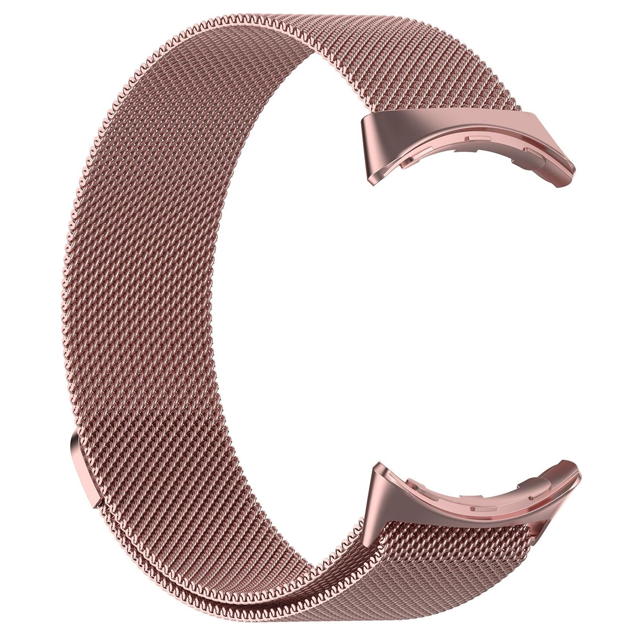 Ein roségoldenes Milanese-Armband für eine Smartwatch, das auf einem weißen Hintergrund isoliert ist.