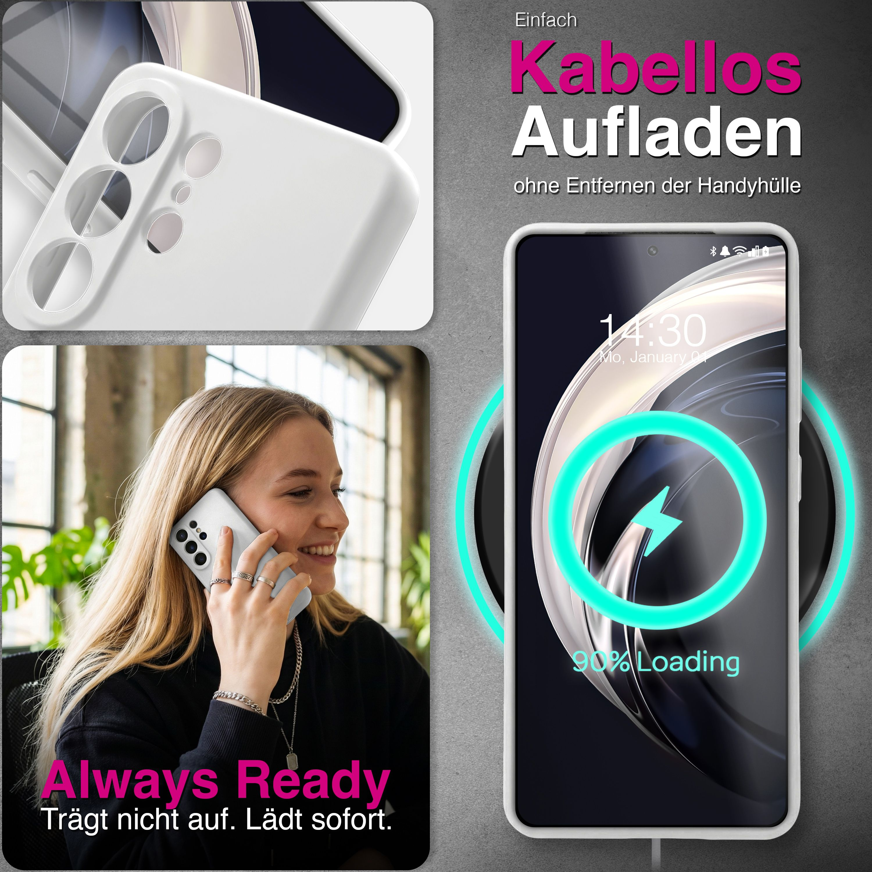 Eine Frau telefoniert, während ein Handy kabellos lädt. Ein weißes Case ist zu sehen.