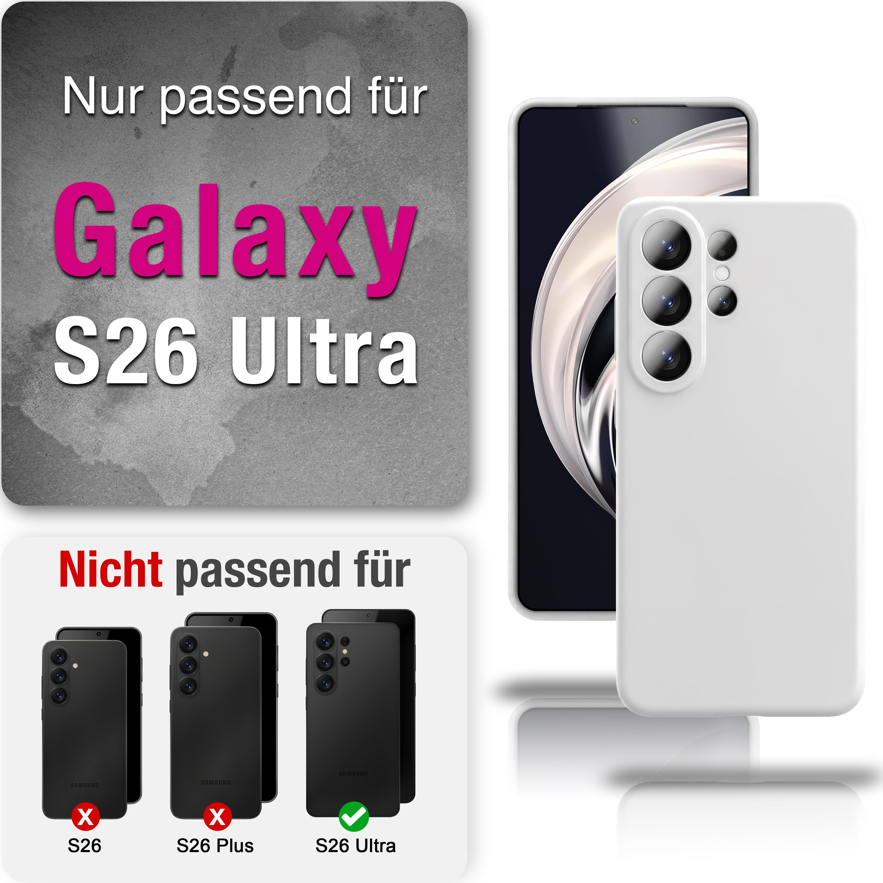 Weiße Hülle für Samsung Galaxy S26 Ultra, schwarze Modelle unpassend.