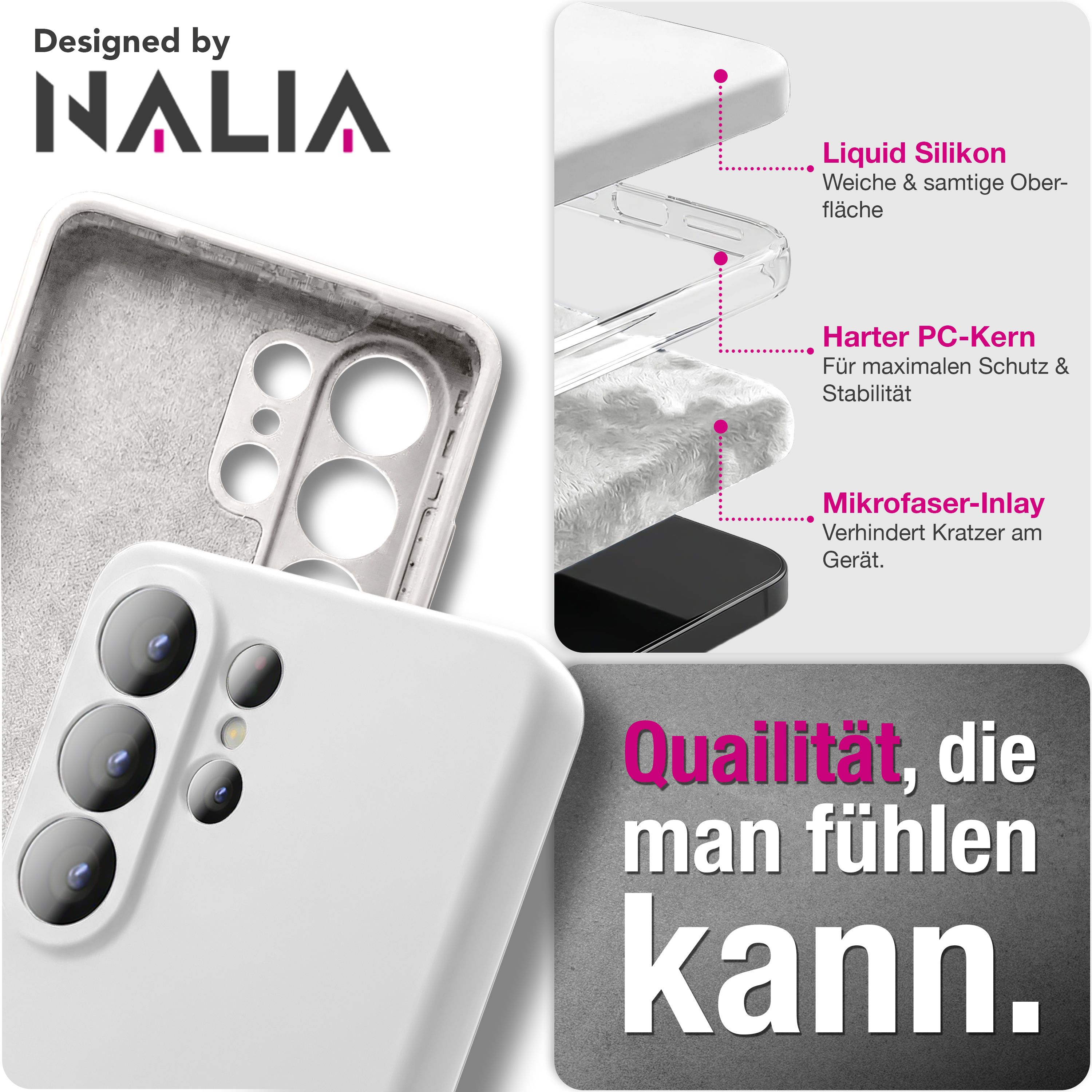 Ein weißes Handy-Case mit drei Kameras, daneben Schichten mit Text.
