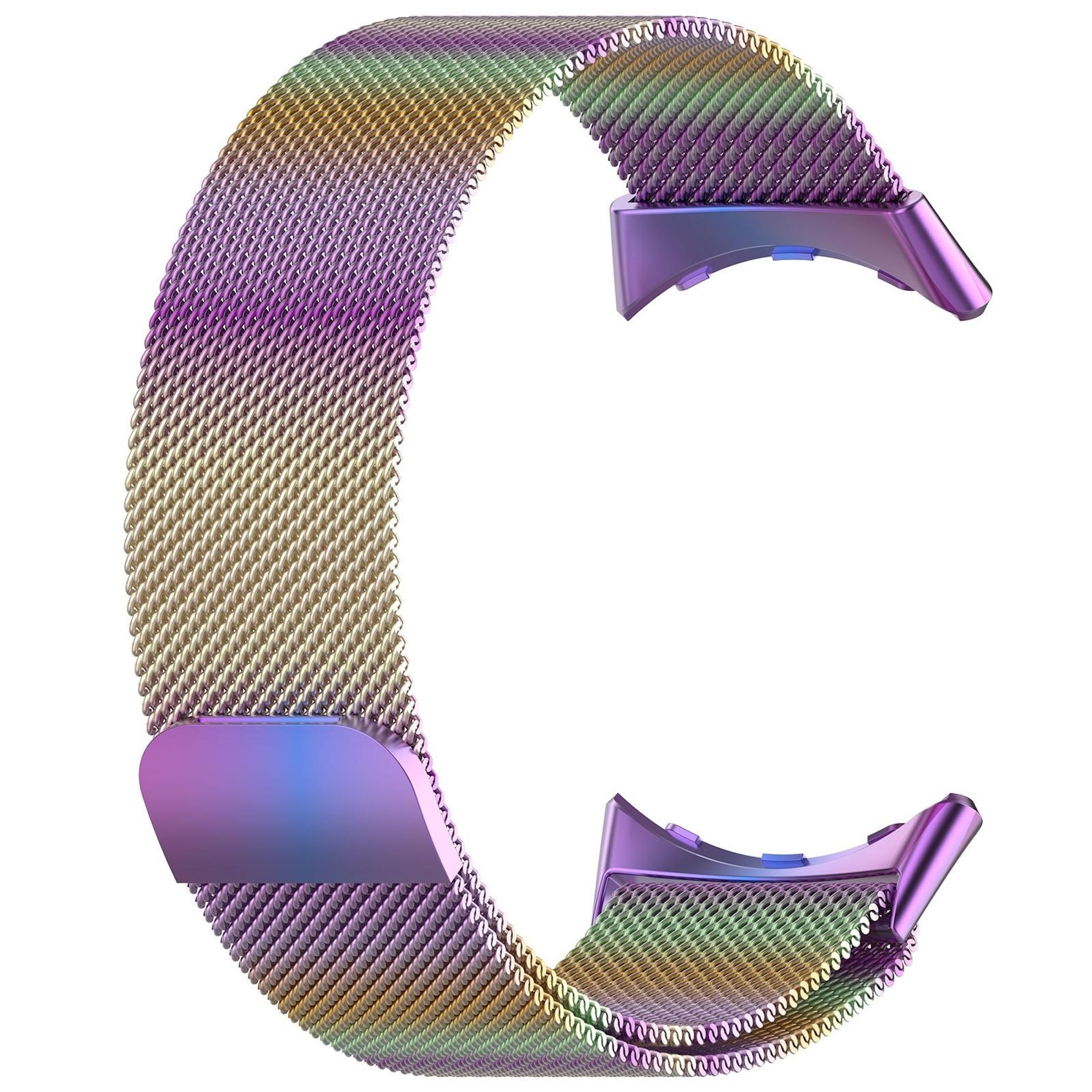 Un cinturino per orologio in rete metallica multicolore con chiusura magnetica.