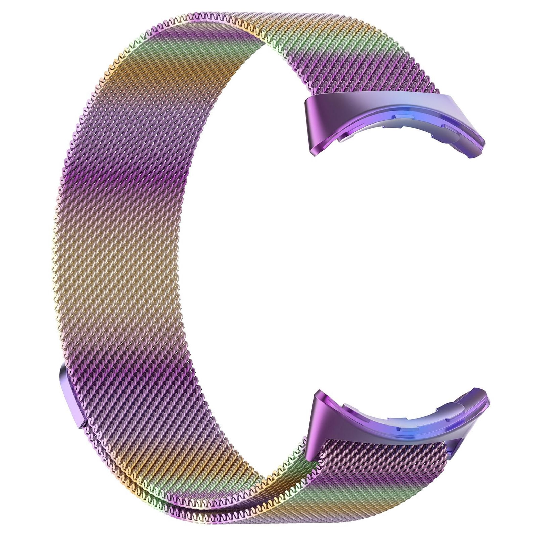 Un cinturino per orologio in maglia viola e oro con chiusura magnetica.