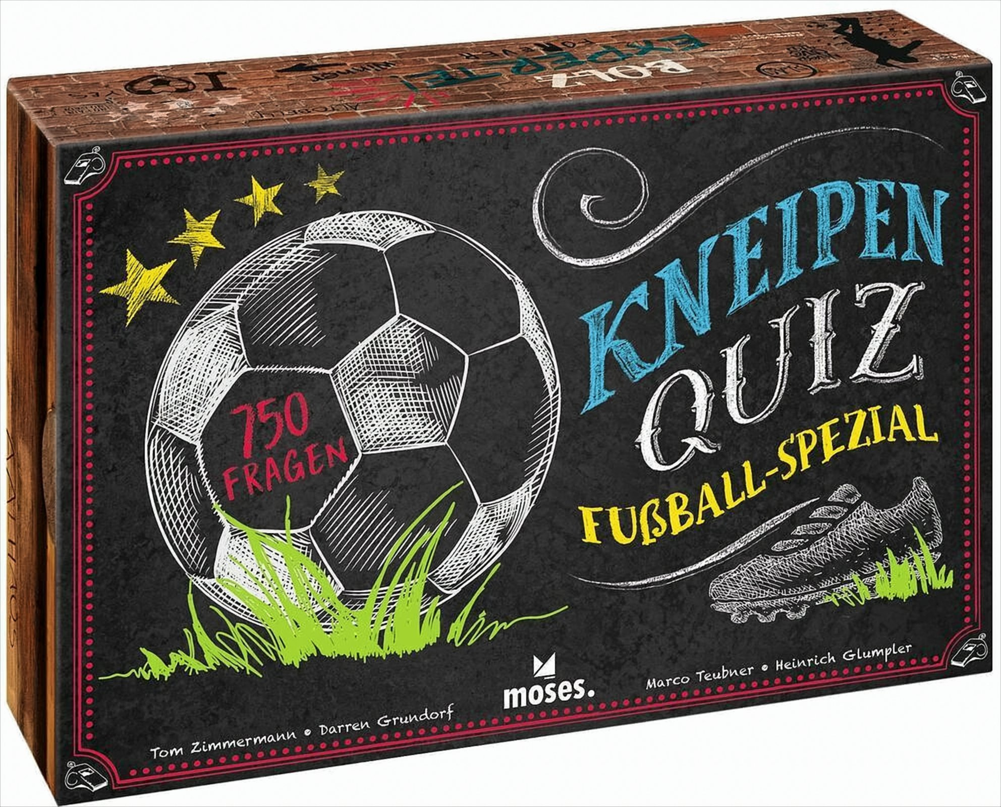 Brettspiel-Box mit Fußball-Motiv: Ball, Fußballschuh, Sterne, Pfeife.