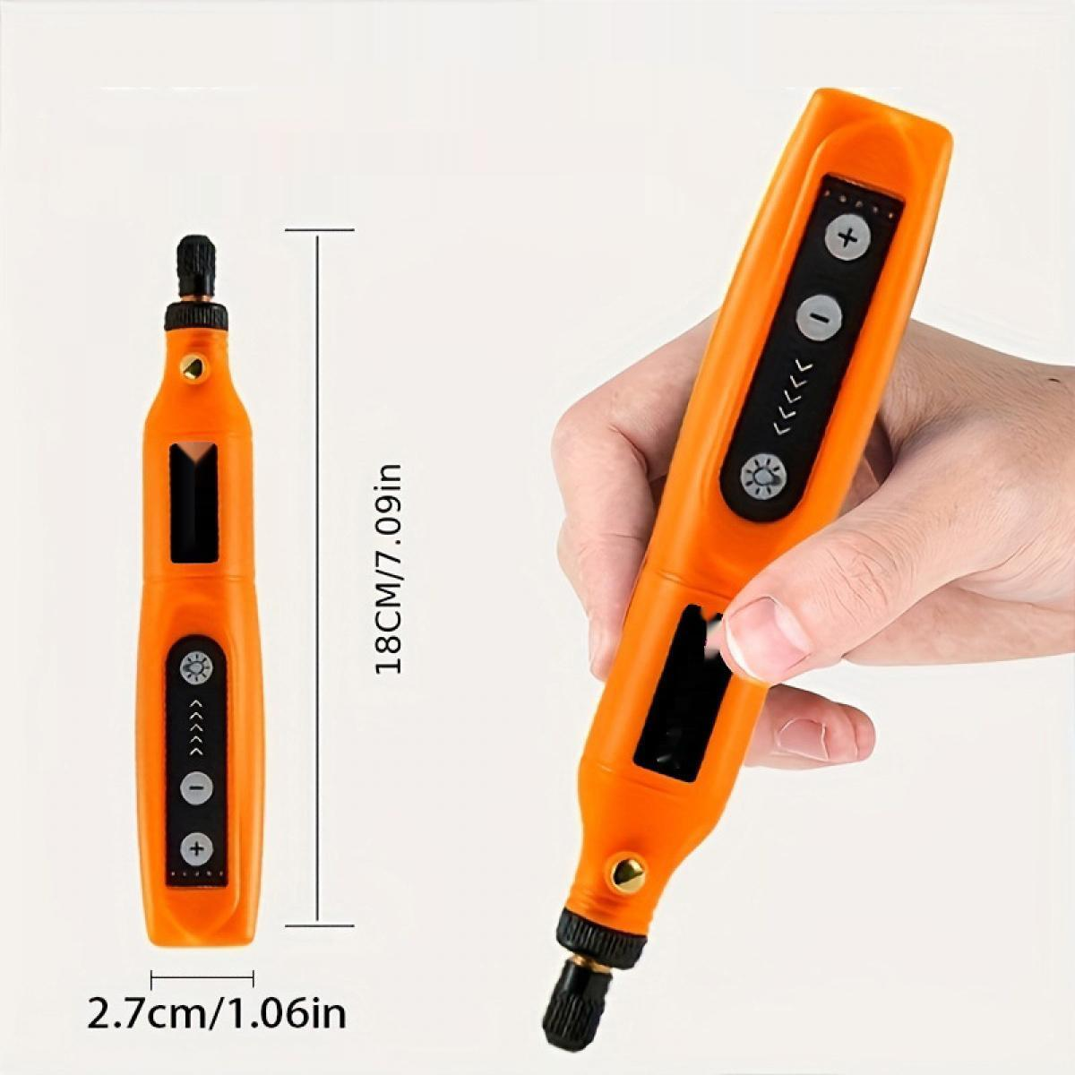 Ein oranges Rotationswerkzeug wird gezeigt. Eine Hand hält es. Maße sind 18cm und 2,7cm.