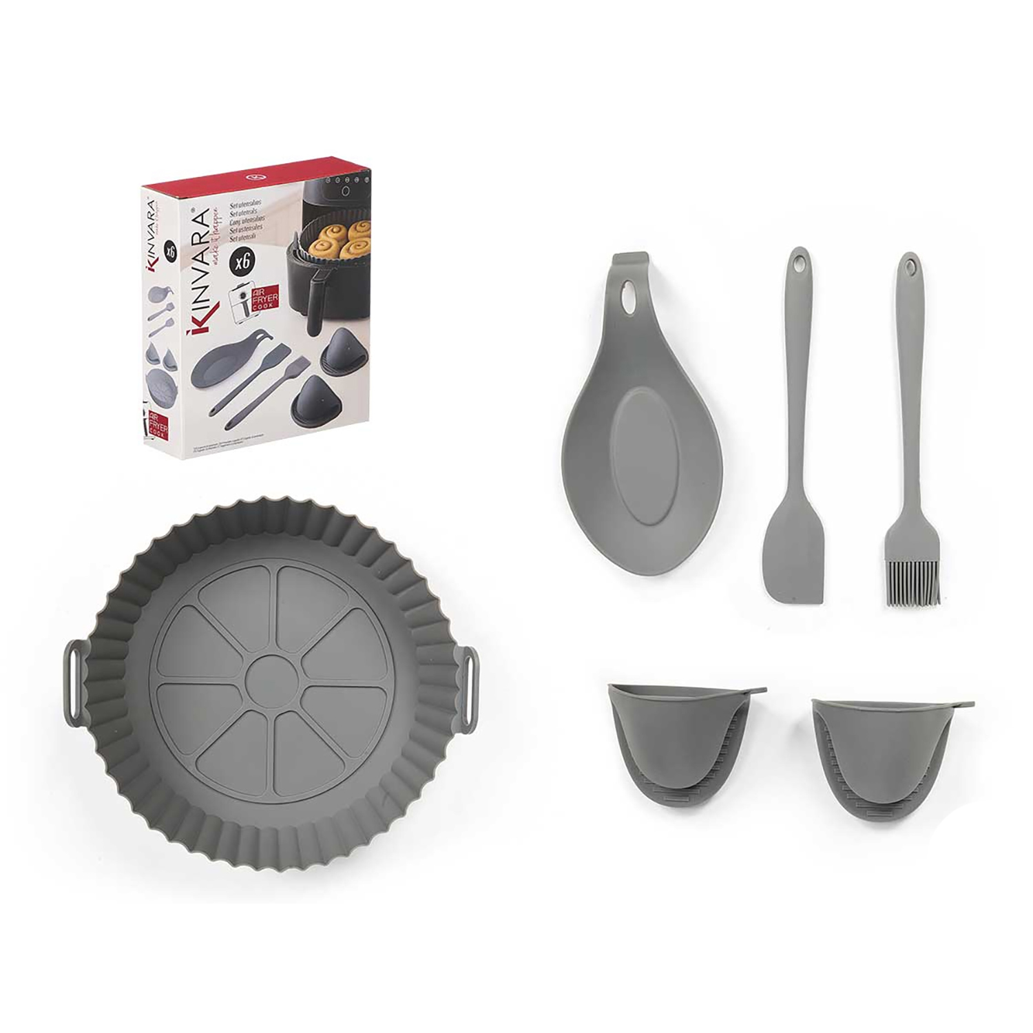 Accessori in silicone grigio per friggitrice ad aria: tortiera rotonda, poggia cucchiaio, spatola, pennello e presine.