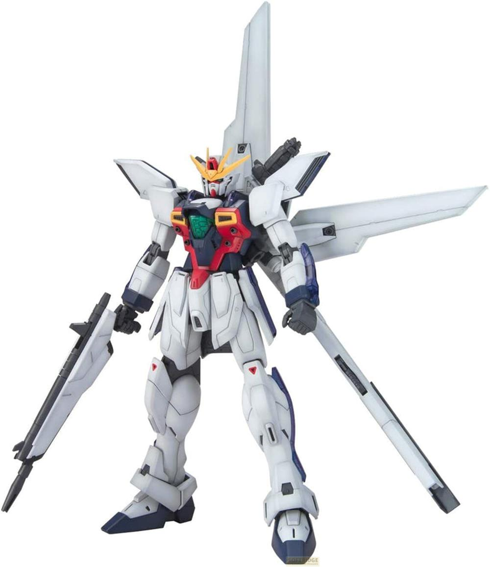 Ein weißer und blauer Roboter mit Flügeln und Waffen steht.