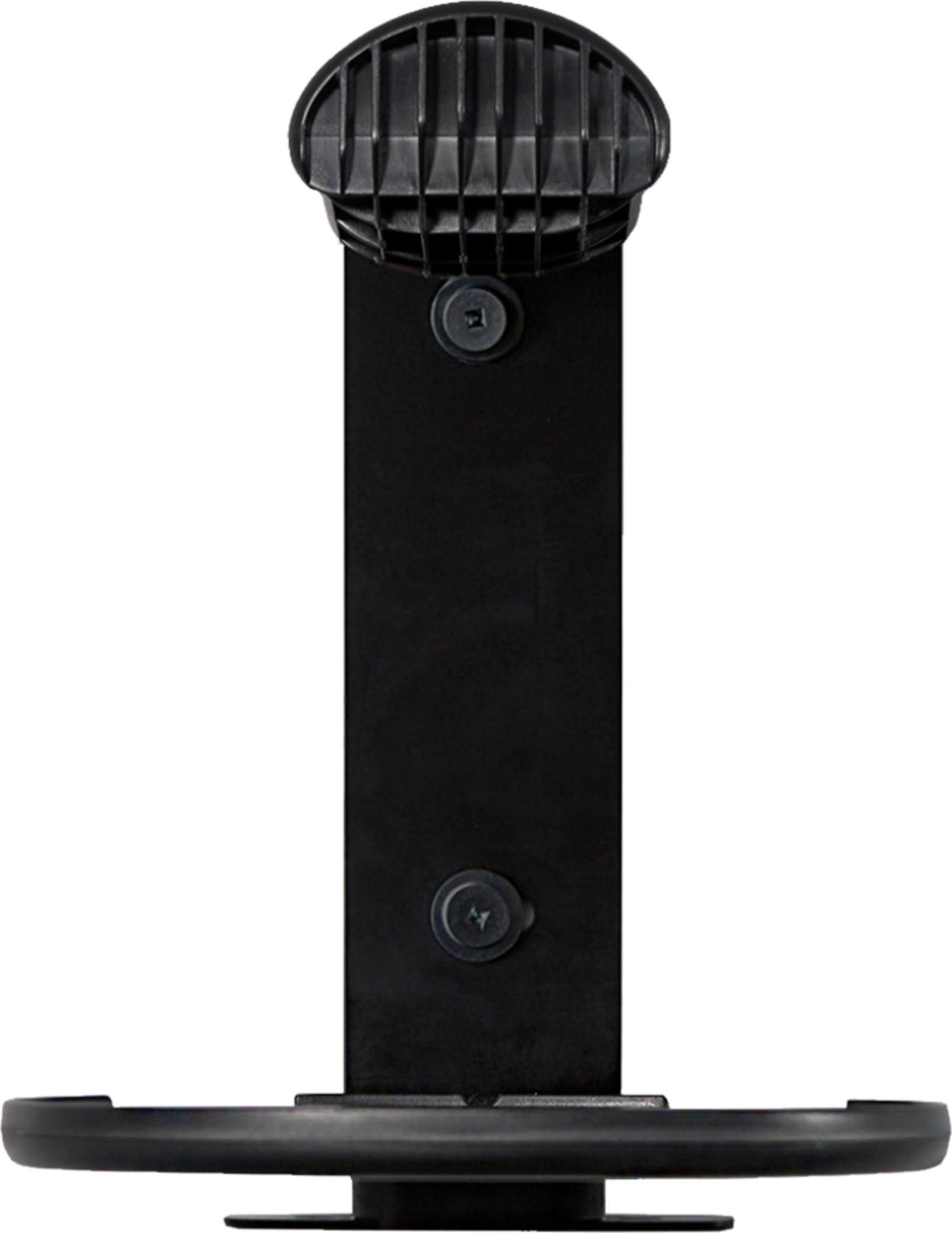 Een zwart object met een geribbeld bovenstuk, verticale staaf en horizontale basis.