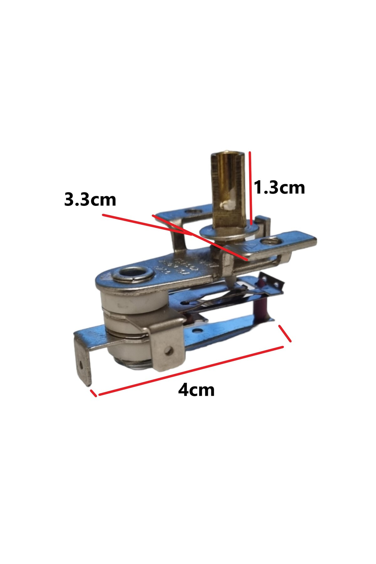 Metal parçalı ve beyaz seramik elemanlı bir sıcaklık kontrol cihazı.