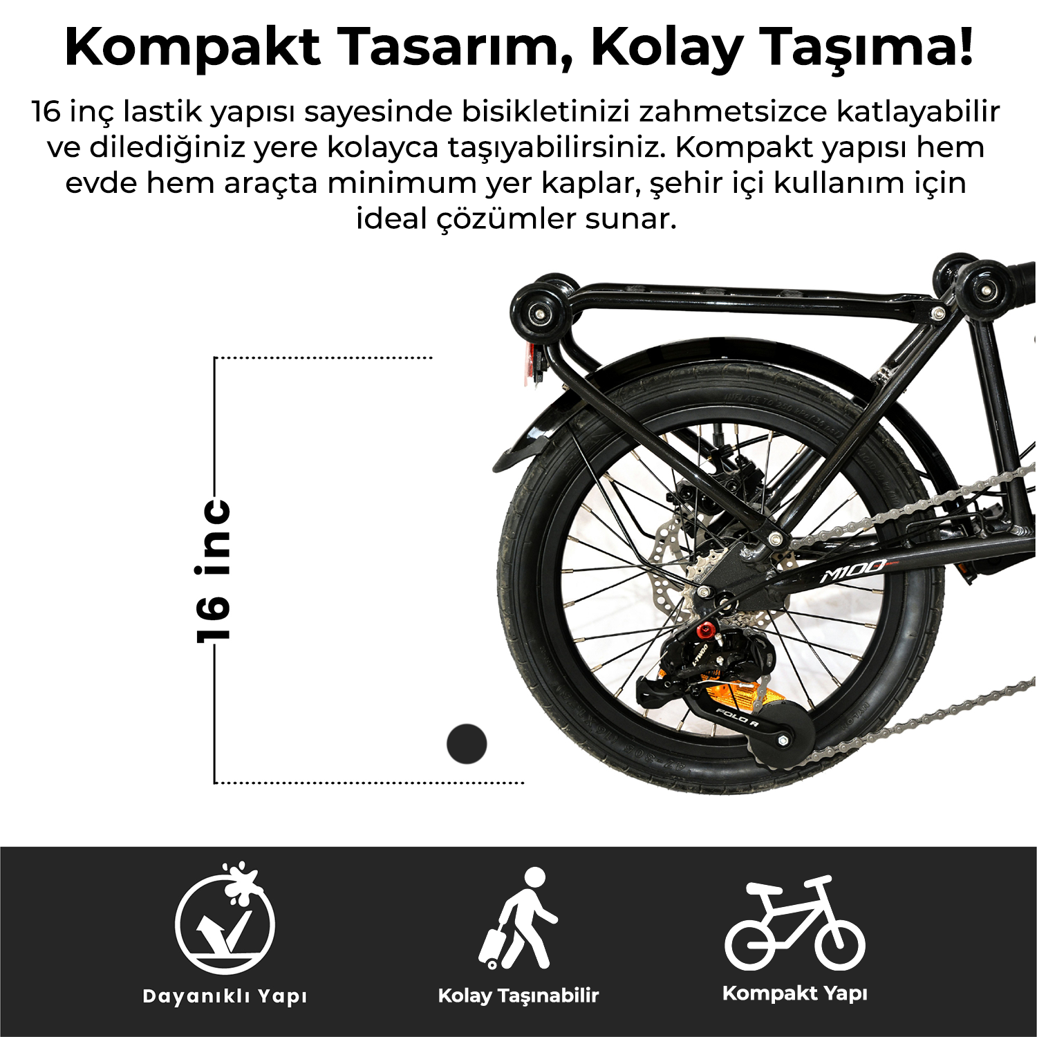 Kompakt tasarımlı, 16 inç tekerlekli, siyah katlanabilir bisiklet, kolay taşınır.