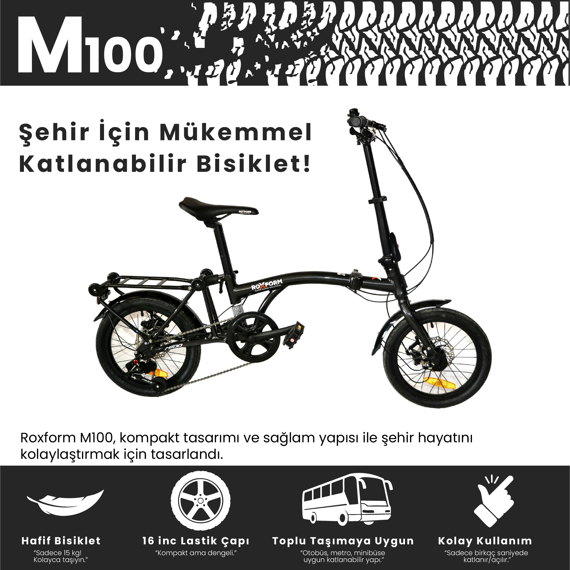 Arka bagajlı ve disk frenli siyah Roxform M100 katlanabilir bisiklet.