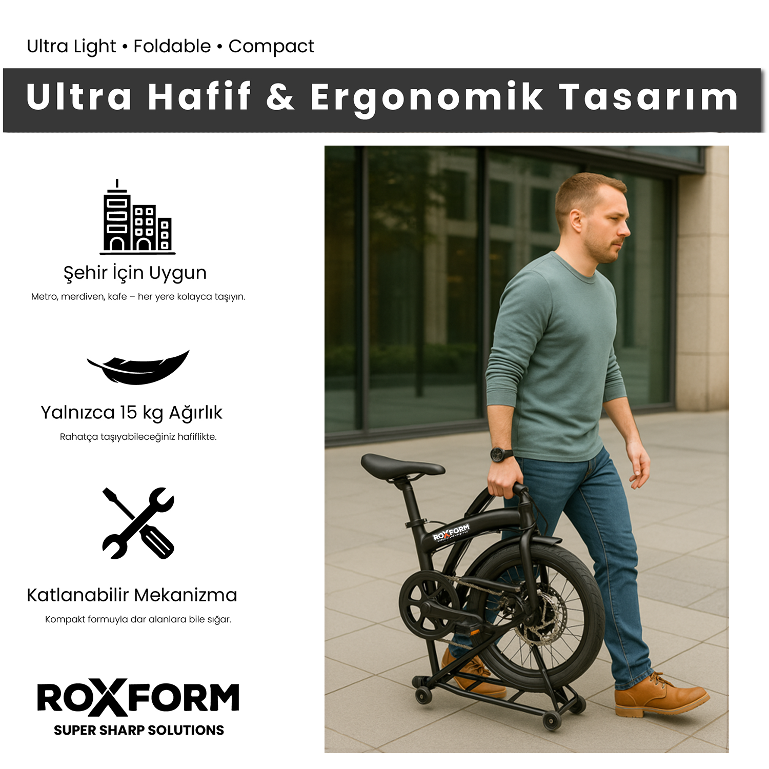 Bir adam siyah katlanabilir bisiklet taşıyor. Hafif ve kompakttır.