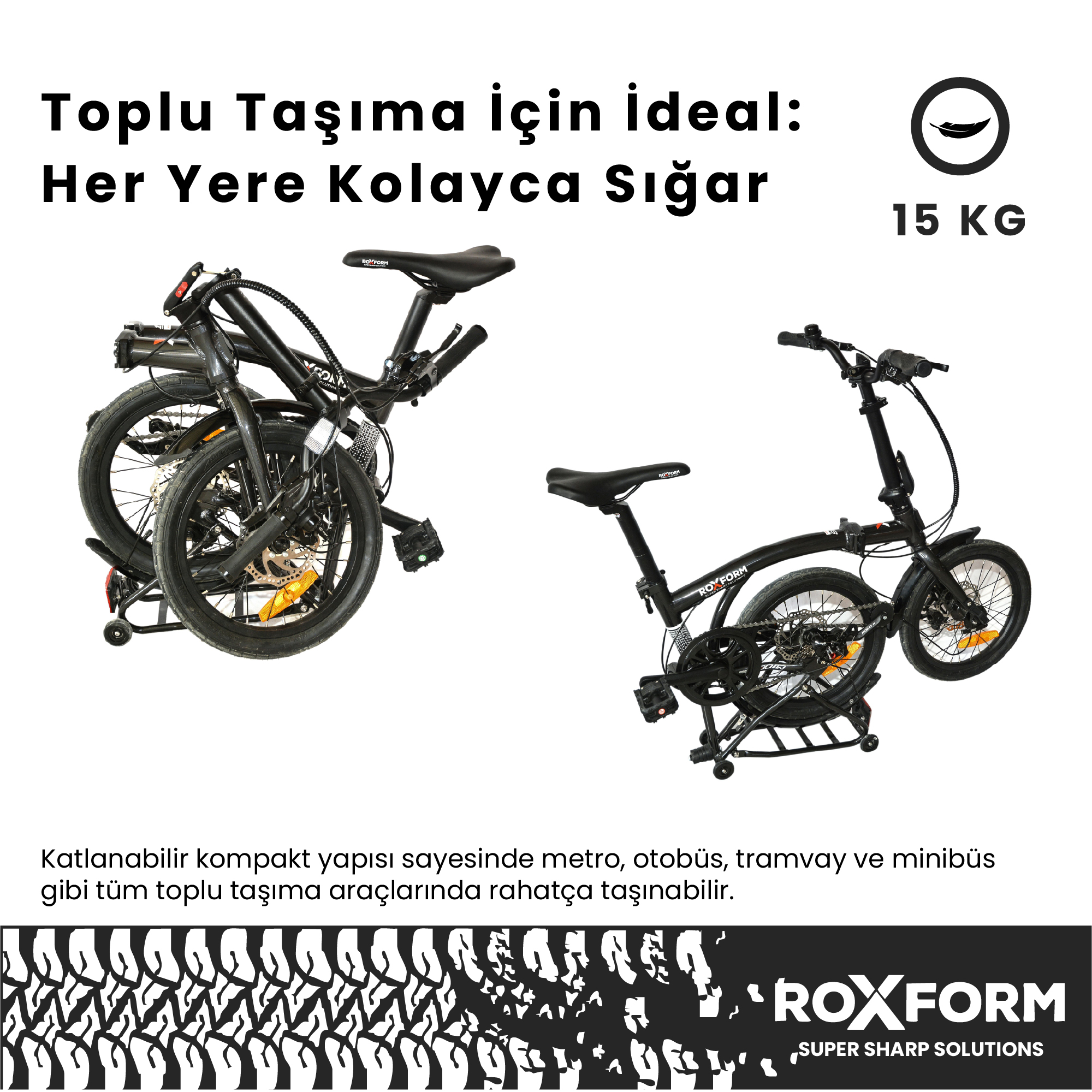 15 kg ağırlığında, toplu taşıma için ideal siyah katlanır bisiklet.