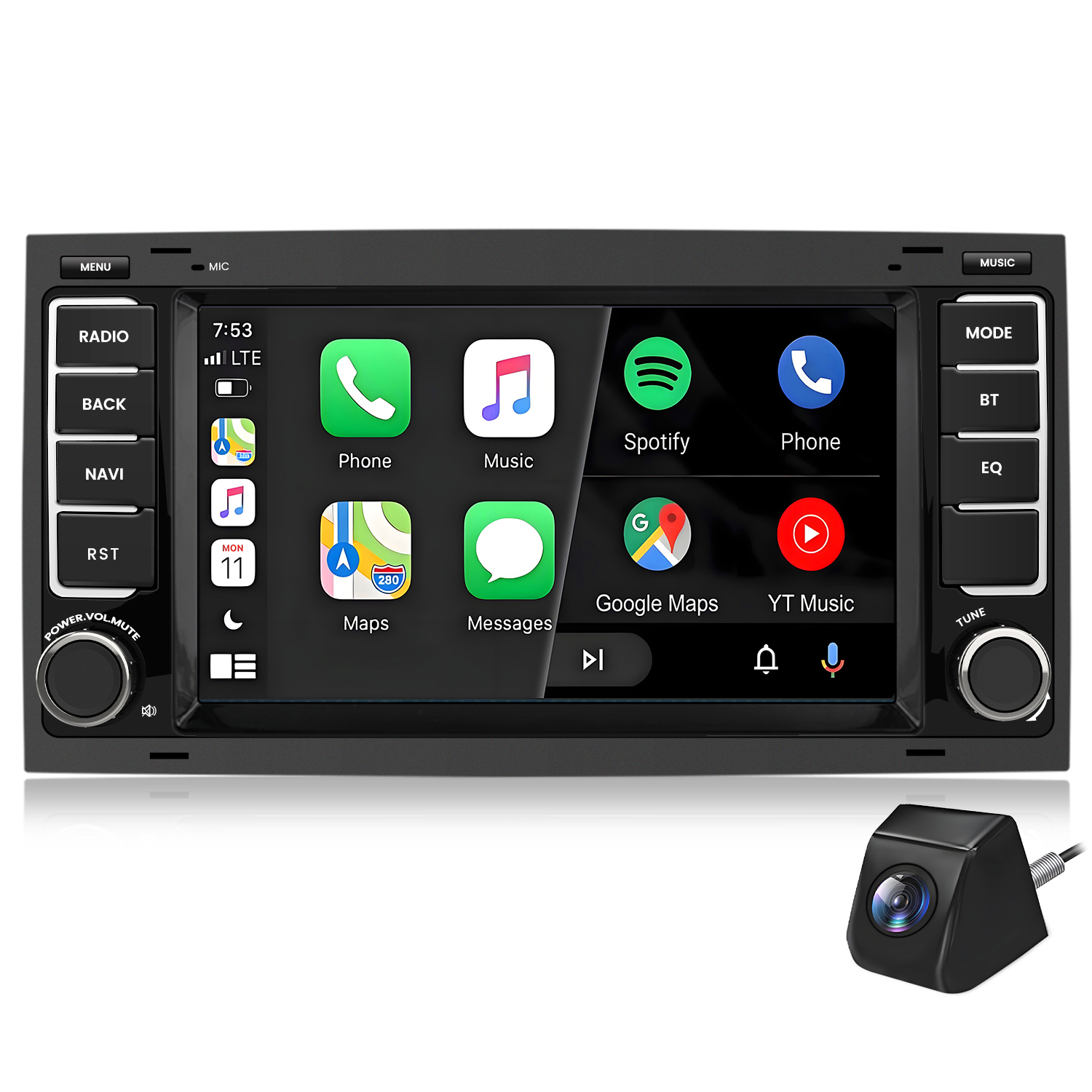 Ein Auto-Infotainmentsystem mit Touchscreen, das Apps wie Telefon, Musik und Karten anzeigt.