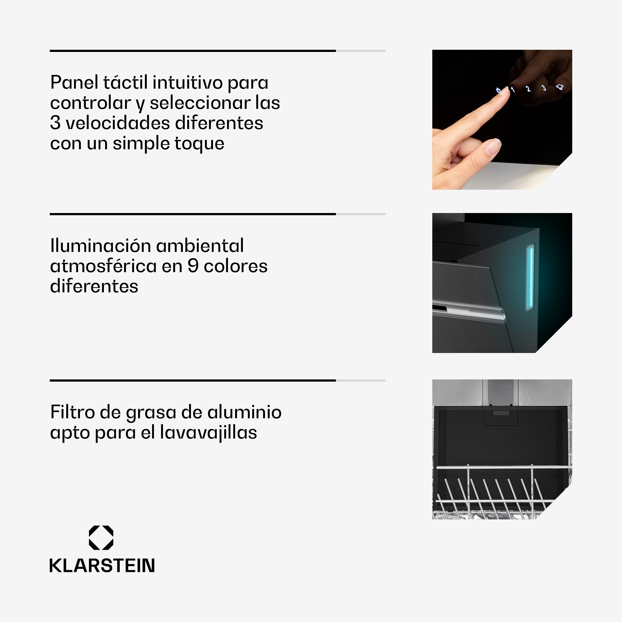 Un dito tocca un pannello touch con numeri e un'icona luminosa. Accanto, una cappa con luce blu e un filtro antigrasso.