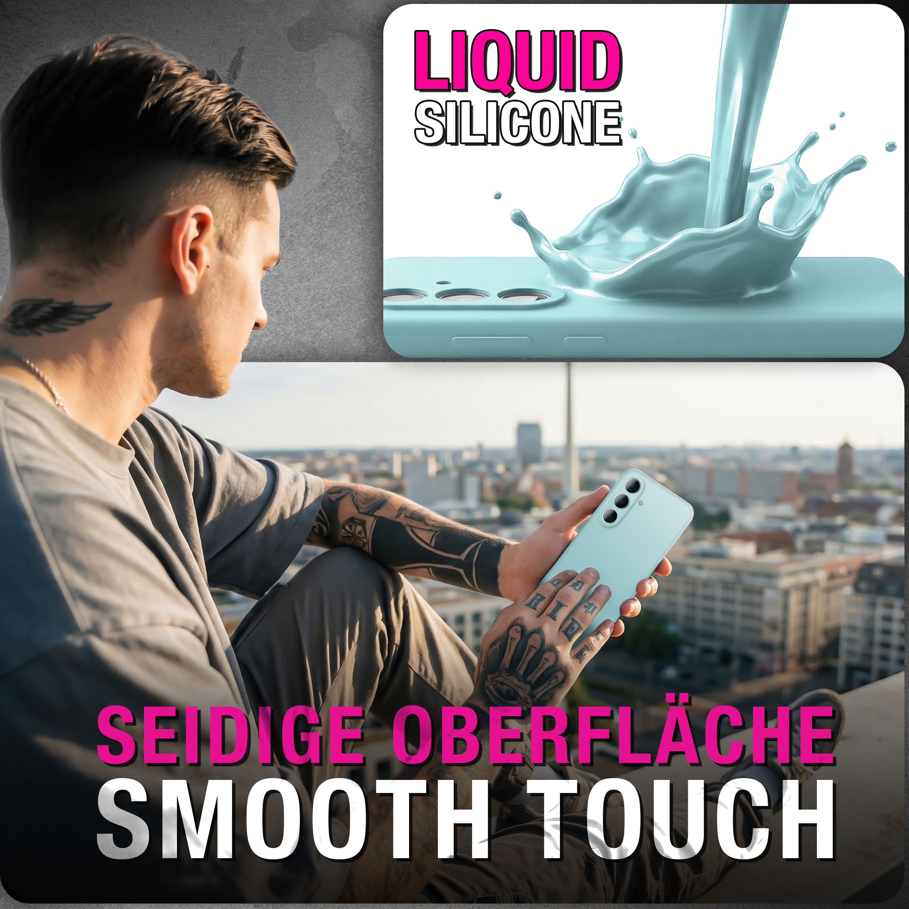 Mann mit Tätowierungen hält ein blaues Smartphone, Flüssigsilikon wird darüber gegossen.