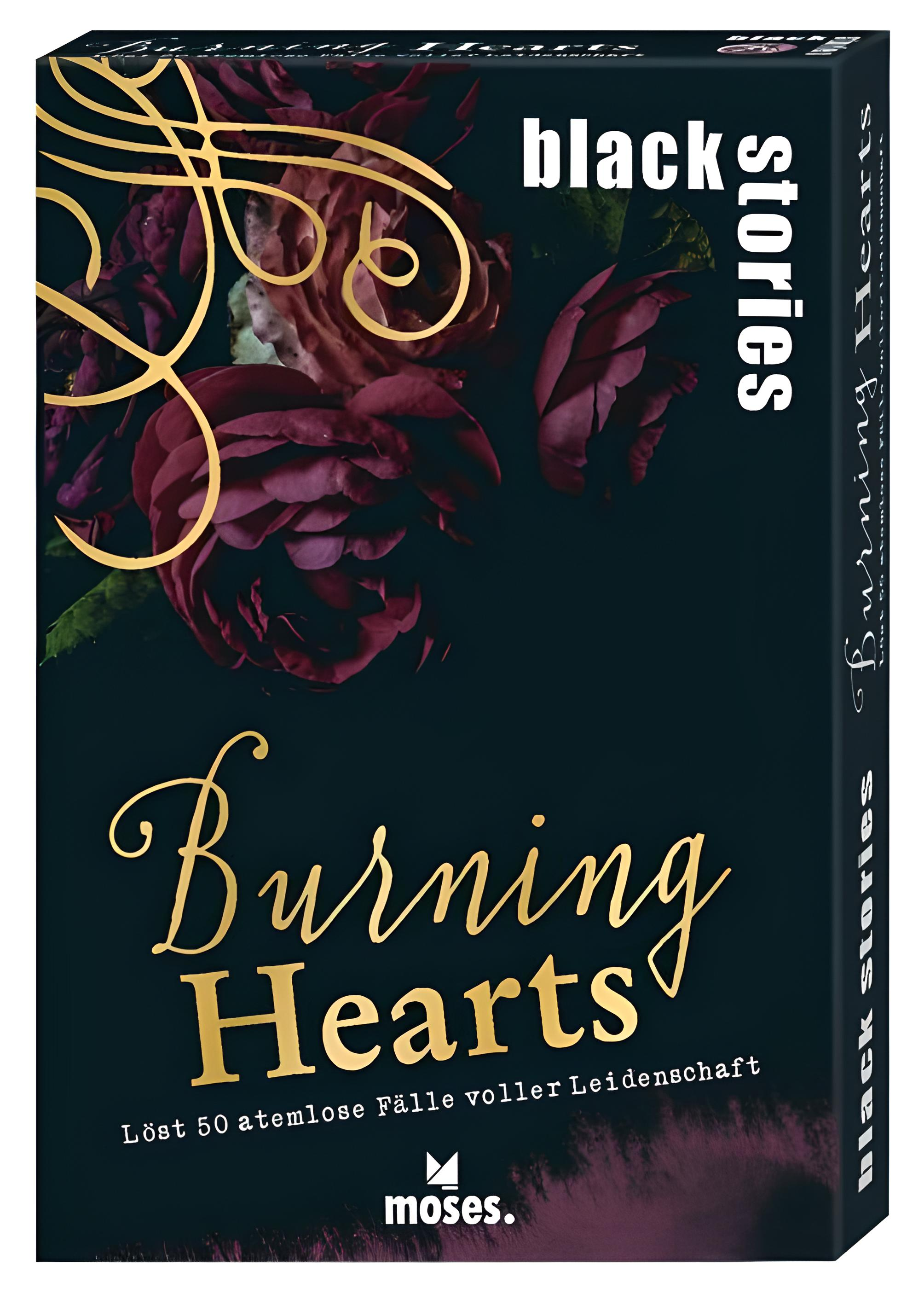 Black Stories: Burning Hearts Kartenspiel mit roten Rosen und goldenen Verzierungen.