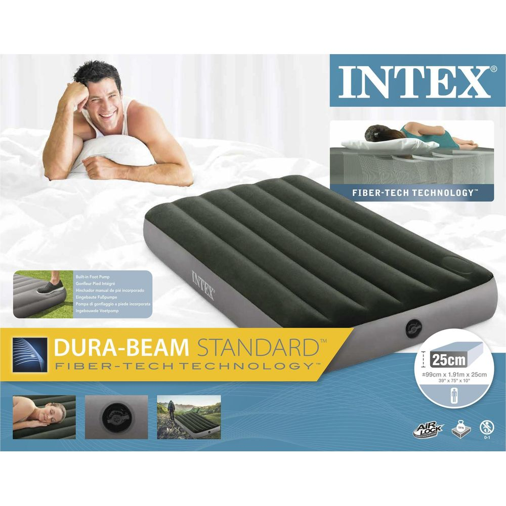 Materac Intex z wbudowaną pompką nożną i technologią Fiber-Tech.