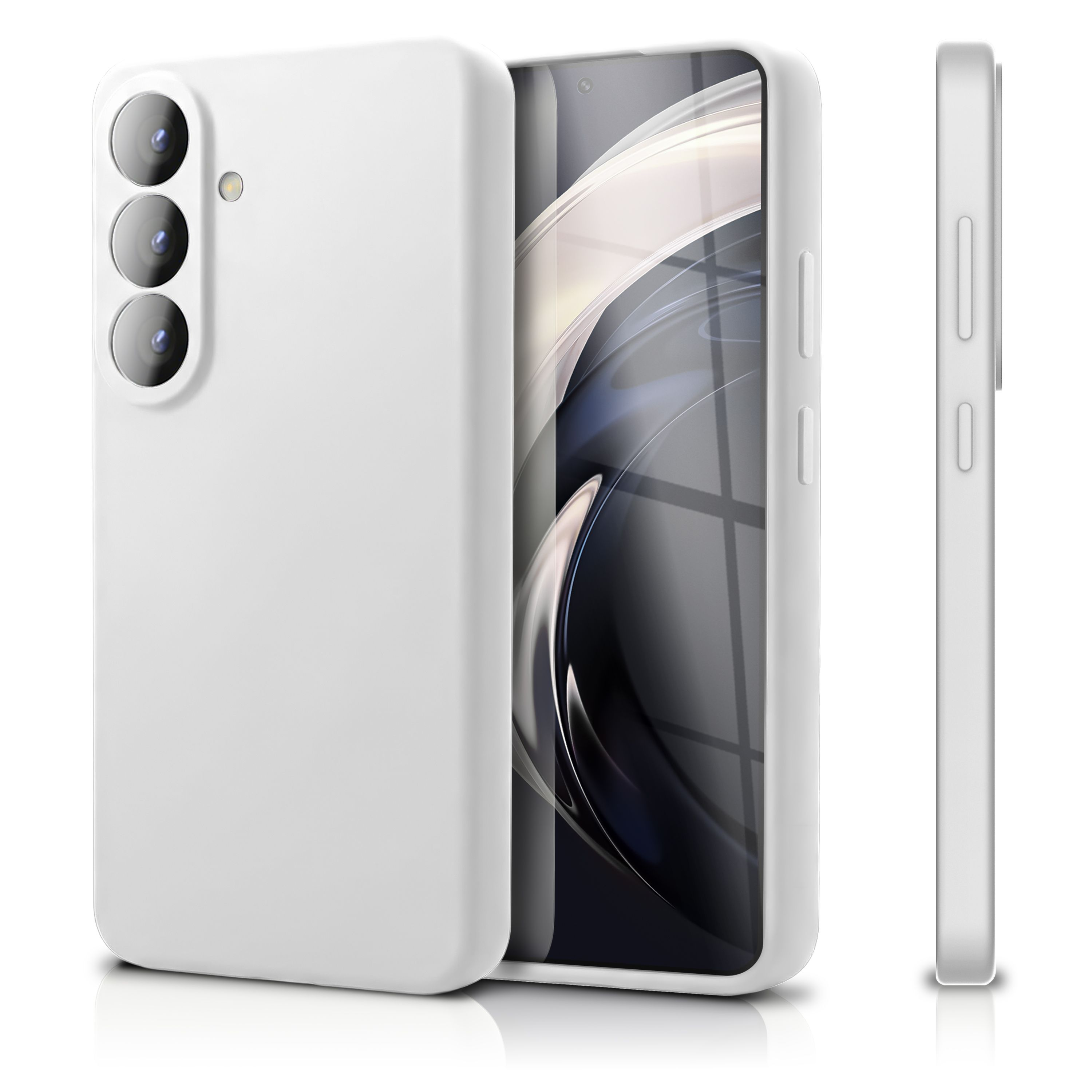 Ein weißes Smartphone mit drei Kameras auf der Rückseite und einer Hülle.