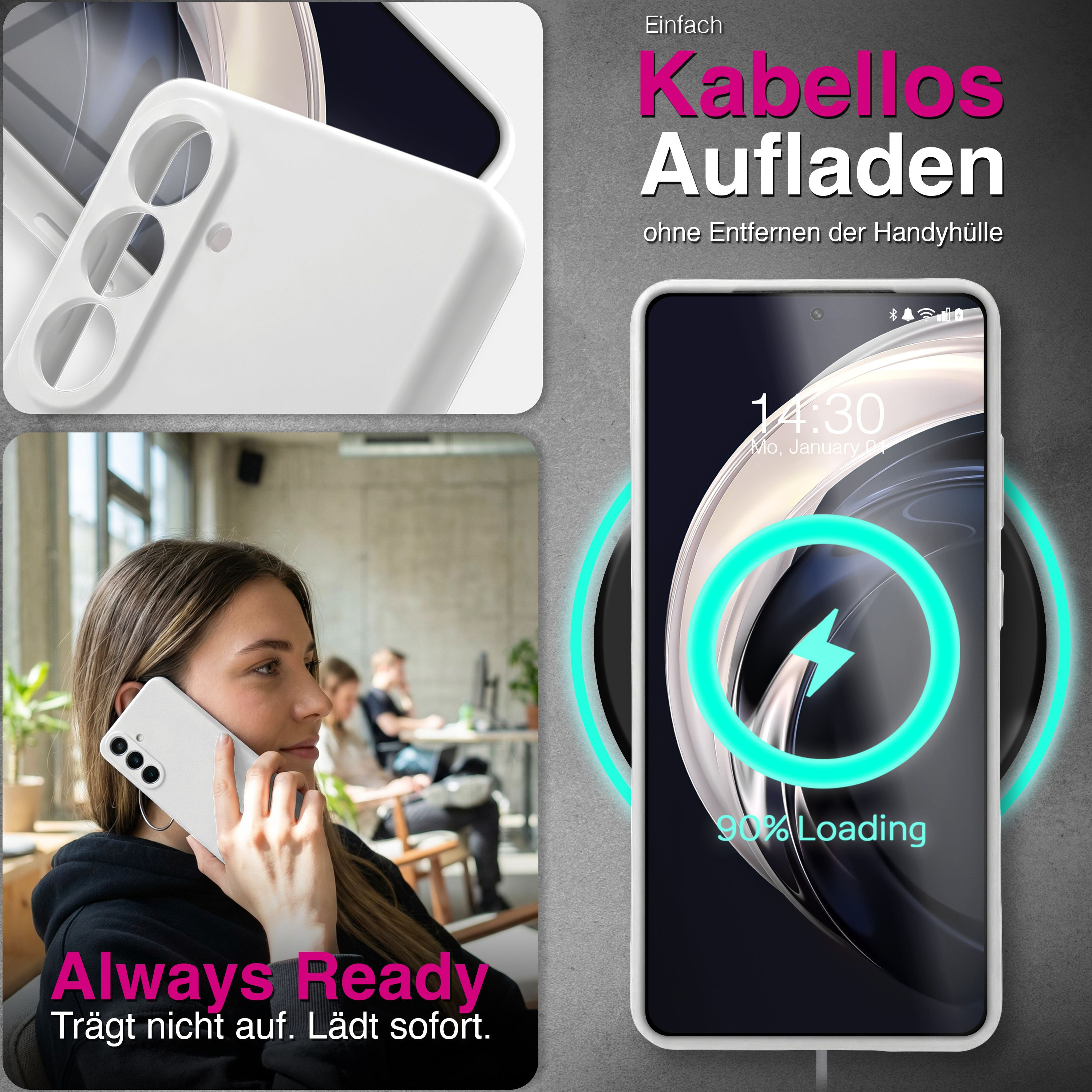 Collage zeigt ein weißes Handy, eine Frau, die telefoniert, und ein Handy beim kabellosen Laden.