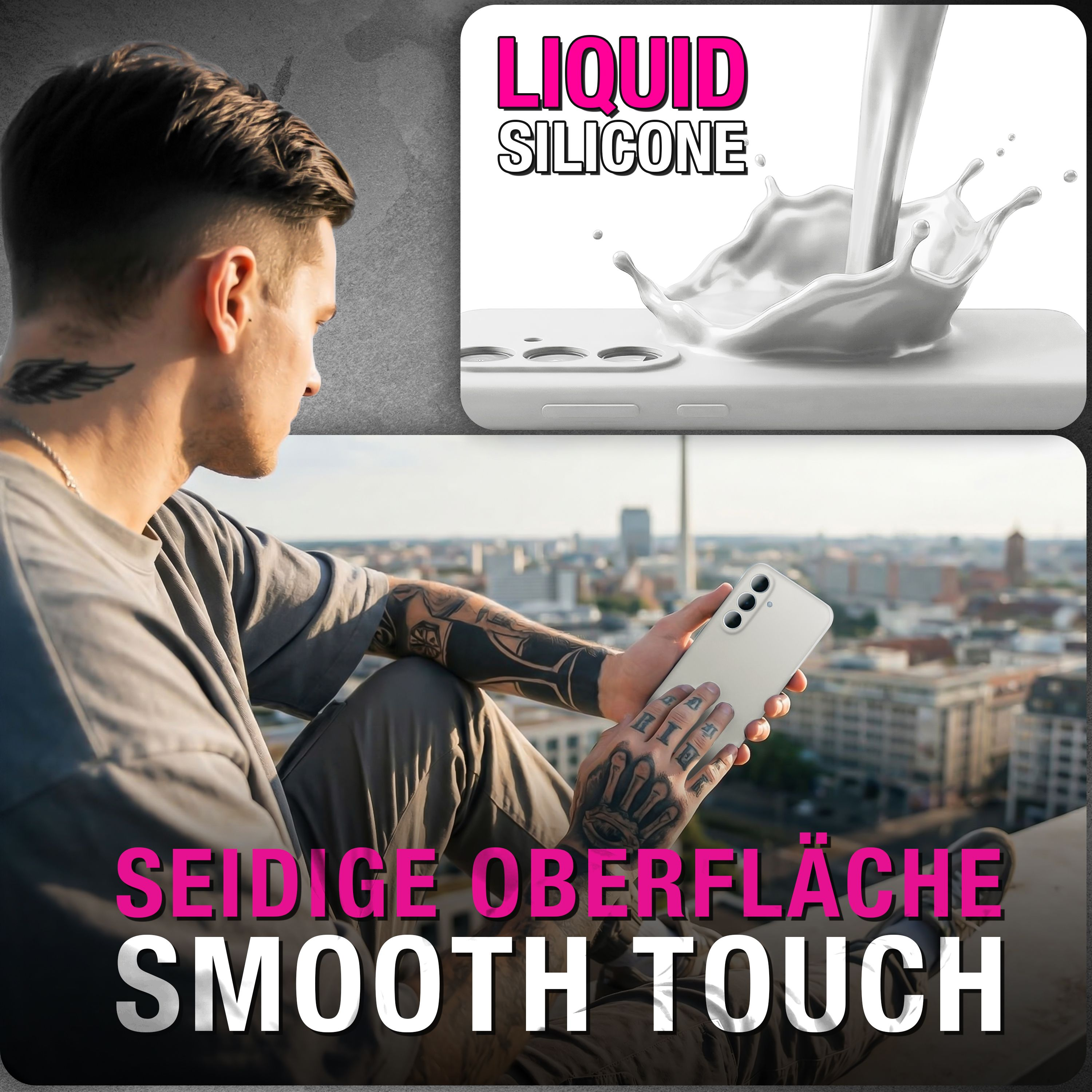 Mann mit Tattoos hält ein Handy. Flüssige Silikon-Text.
