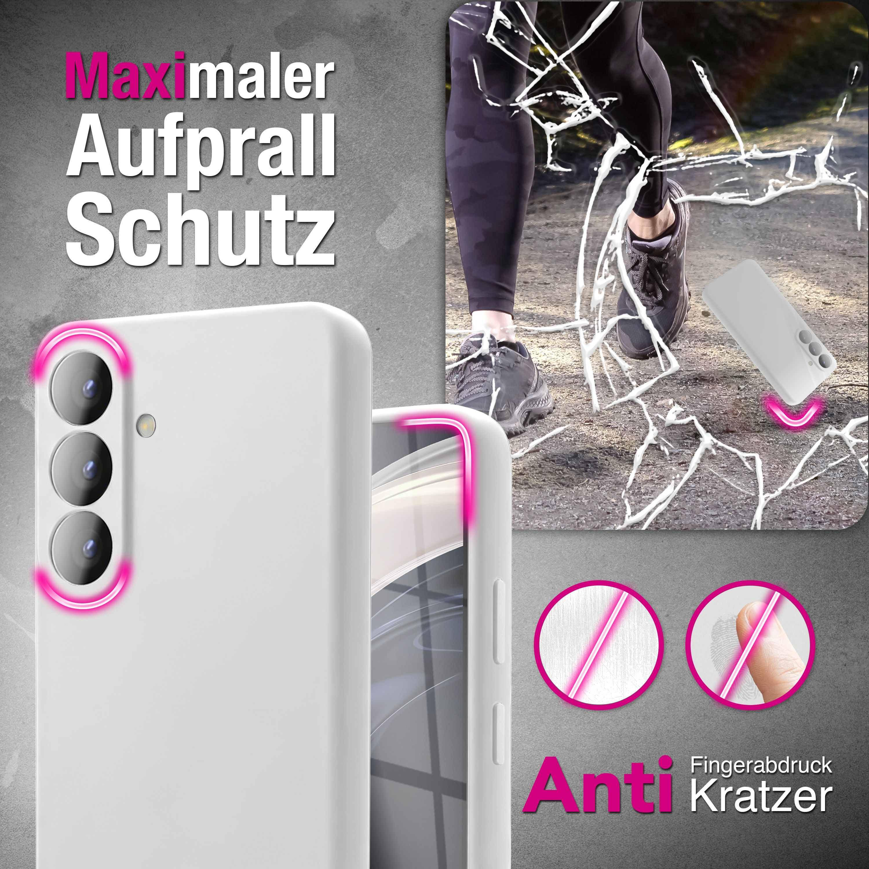 Ein weißes Handycase mit Kamera-Ausschnitt auf grauem Grund.