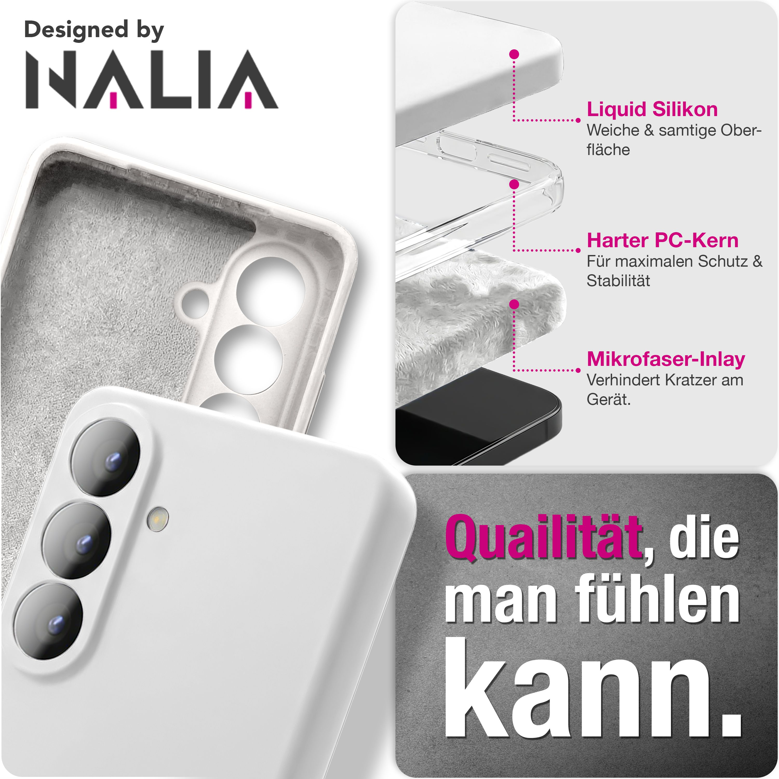 Weiße Handyhülle mit Kameraschutz, Liquid Silikon, Hartem PC-Kern, Mikrofaser-Inlay.