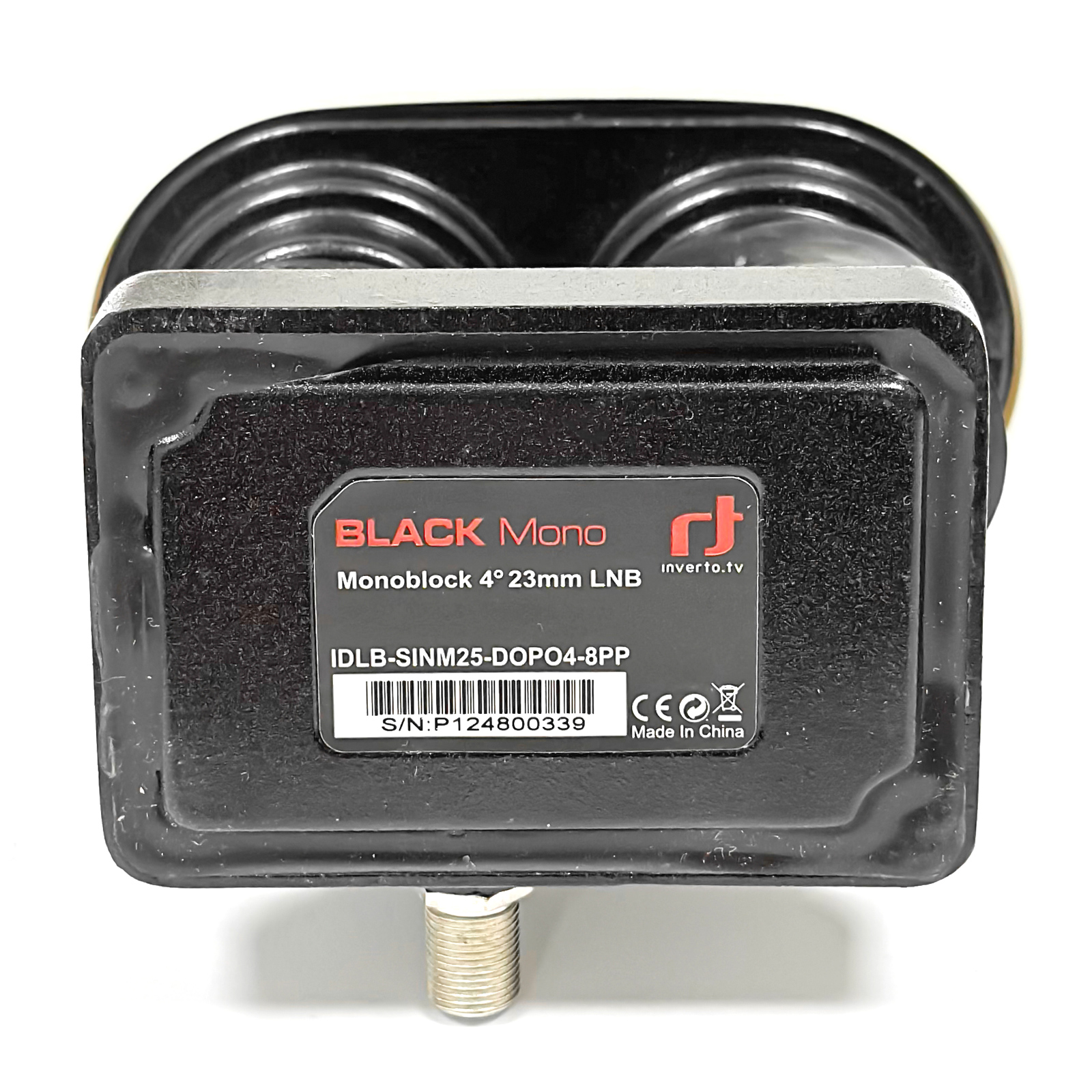 Schwarzer Monoblock 4° 23mm LNB mit Beschriftung, auf weißem Hintergrund.