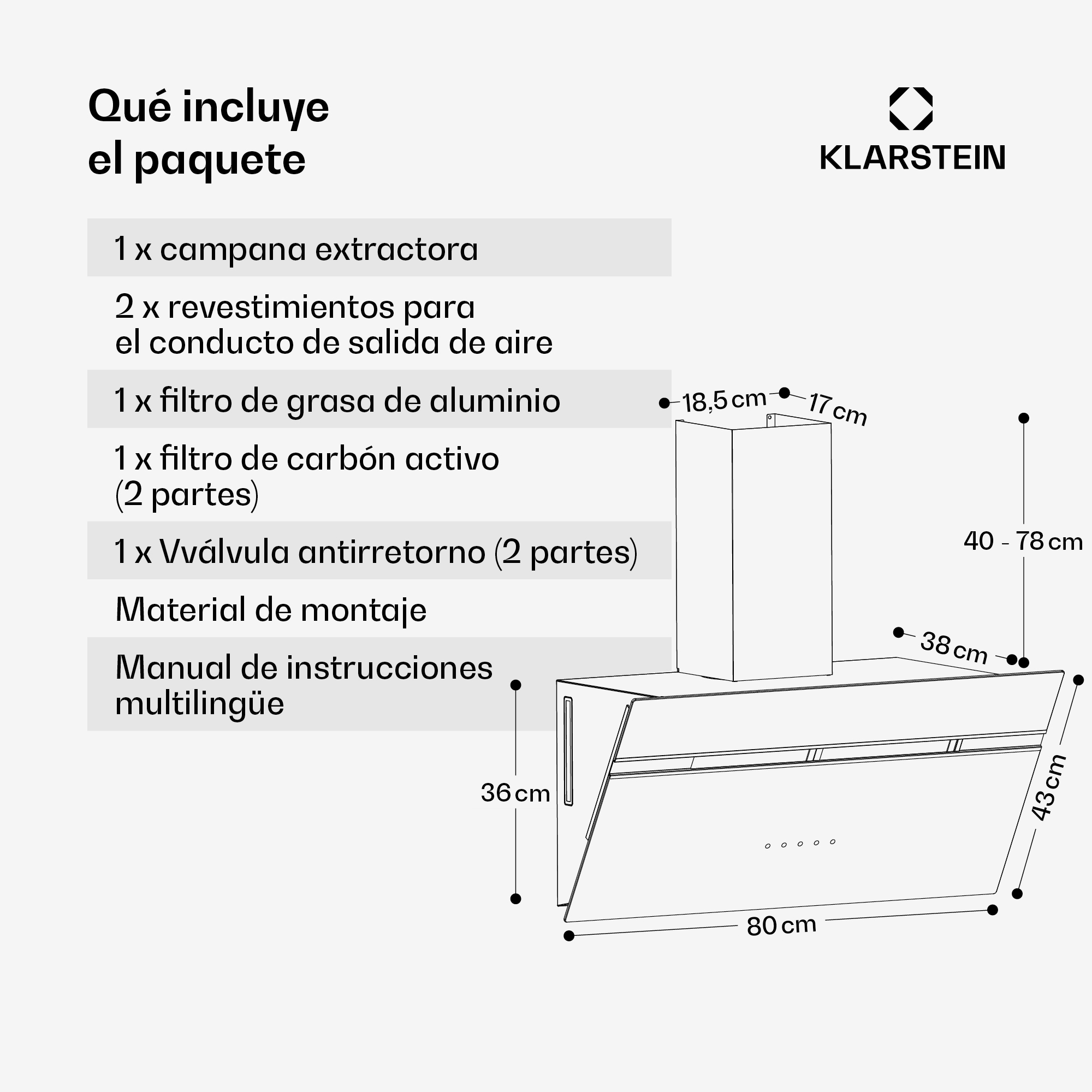 Illustrazione di un pacchetto cappa aspirante con dimensioni e parti.