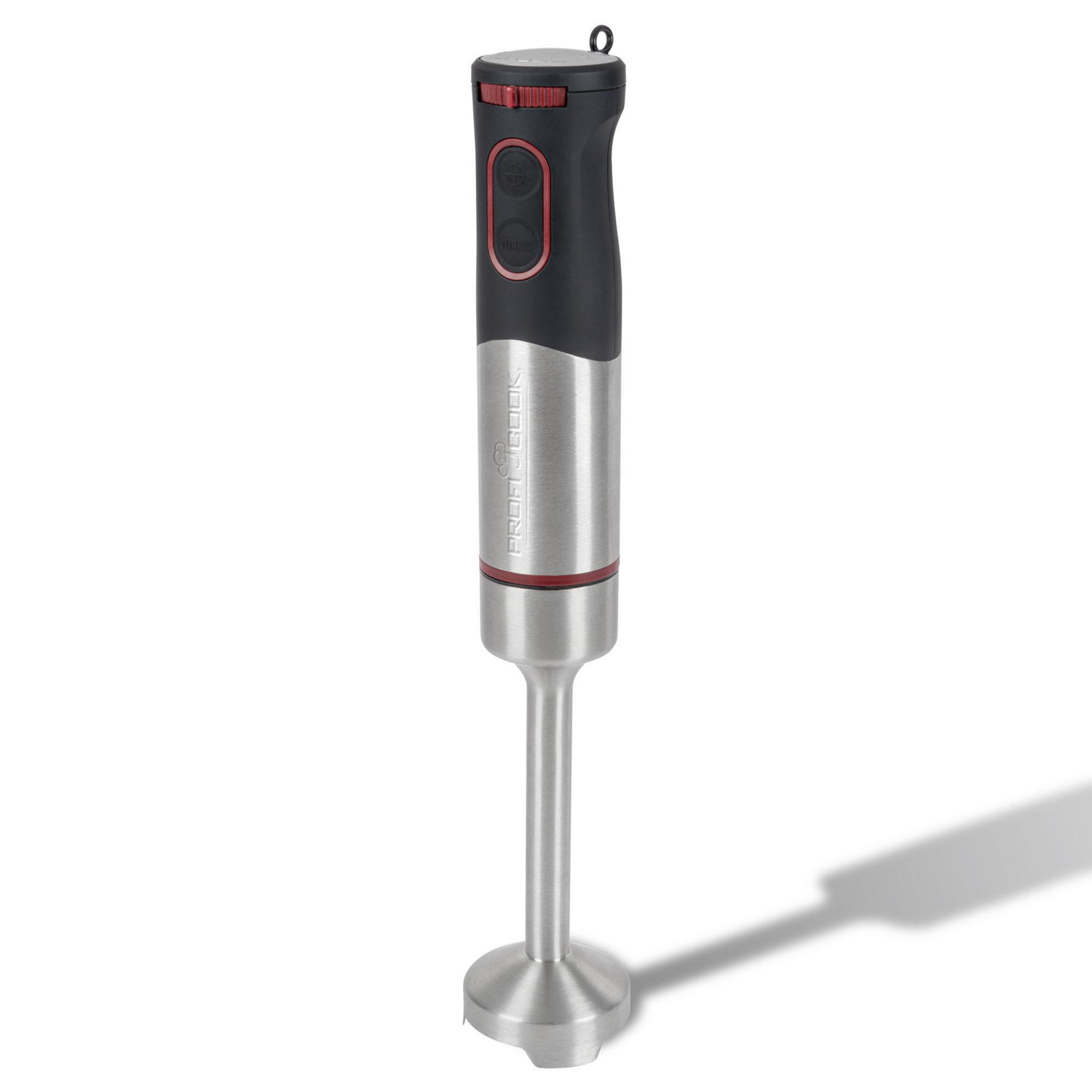 Srebrny blender ręczny z czarnym uchwytem i czerwonymi akcentami.