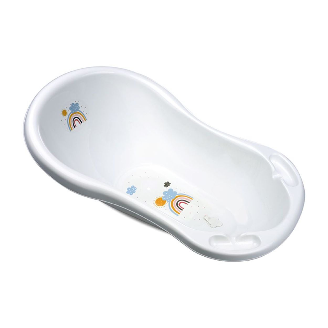 Ein weißer Babybadewanneneinsatz mit Regenbogen- und Sonnendekor.