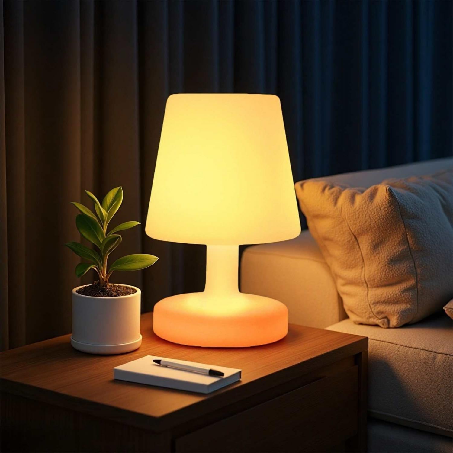 Eine leuchtende Lampe steht neben einer Pflanze und einem Notizbuch auf einem Nachttisch.