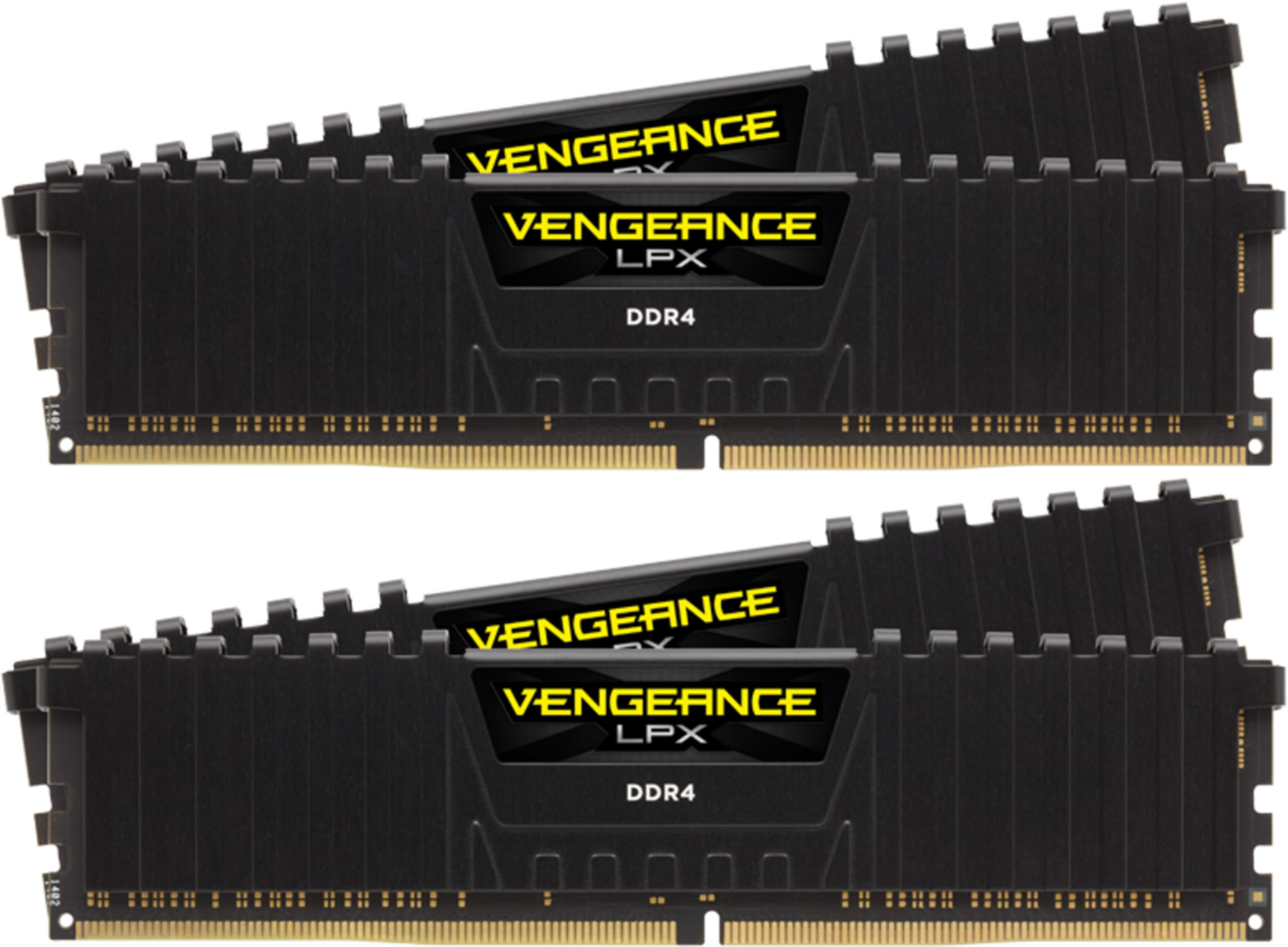 Dwa czarne moduły RAM DDR4 z żółtymi etykietami "VENGEANCE LPX".