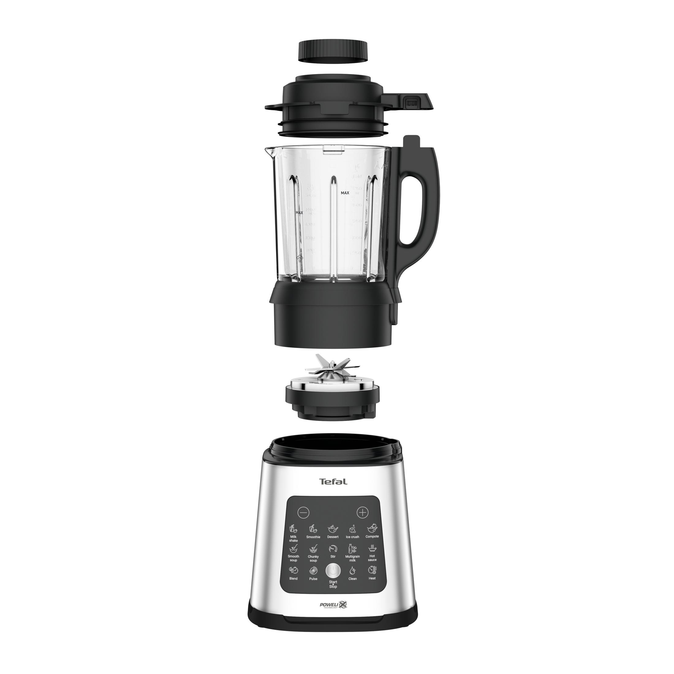 Ein silberner Tefal Mixer mit schwarzen Teilen, zerlegt in Basis, Klingen und Krug.