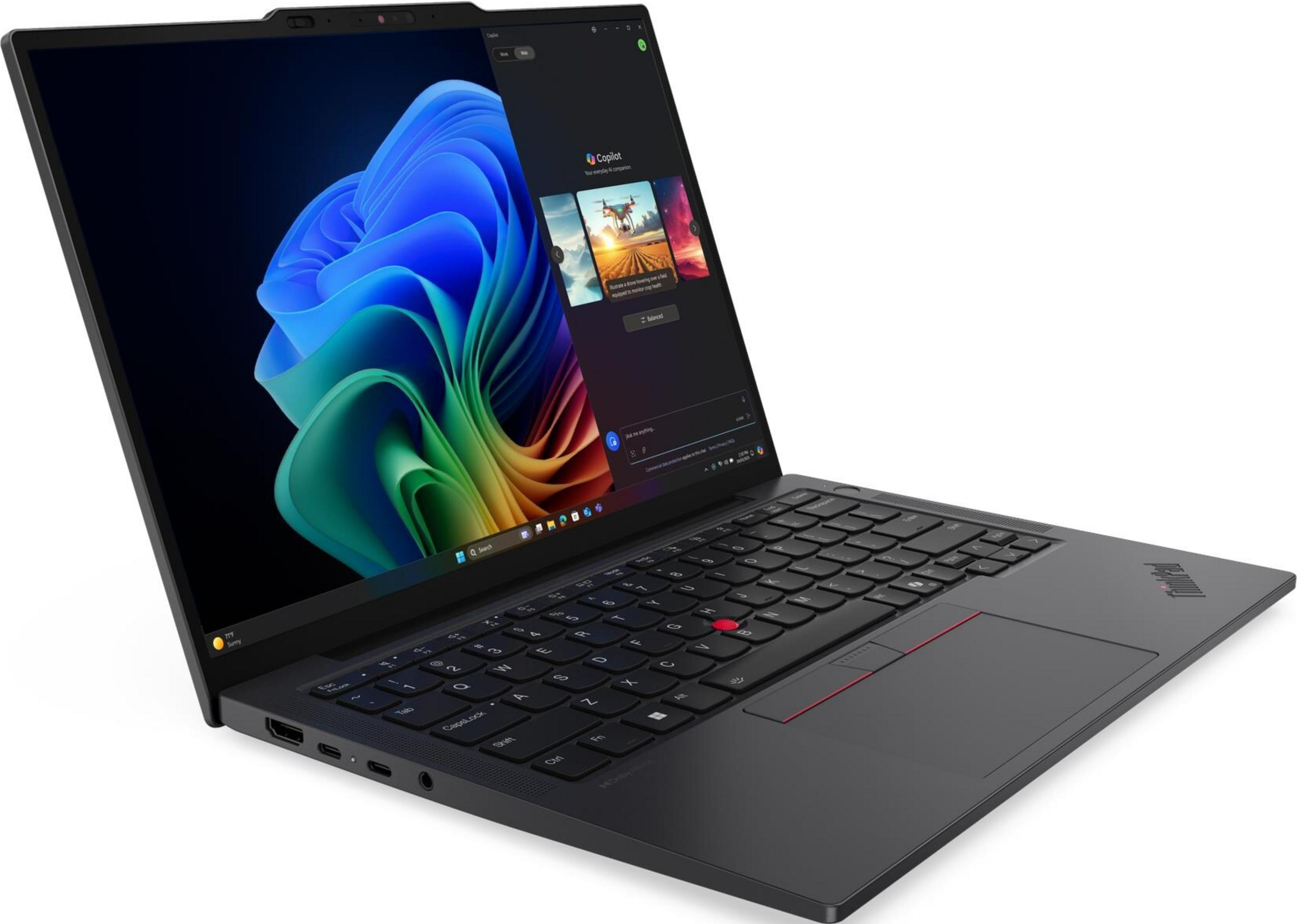 Ein schwarzer Laptop mit einem bunten Hintergrundbild und geöffnetem Copilot-Fenster.