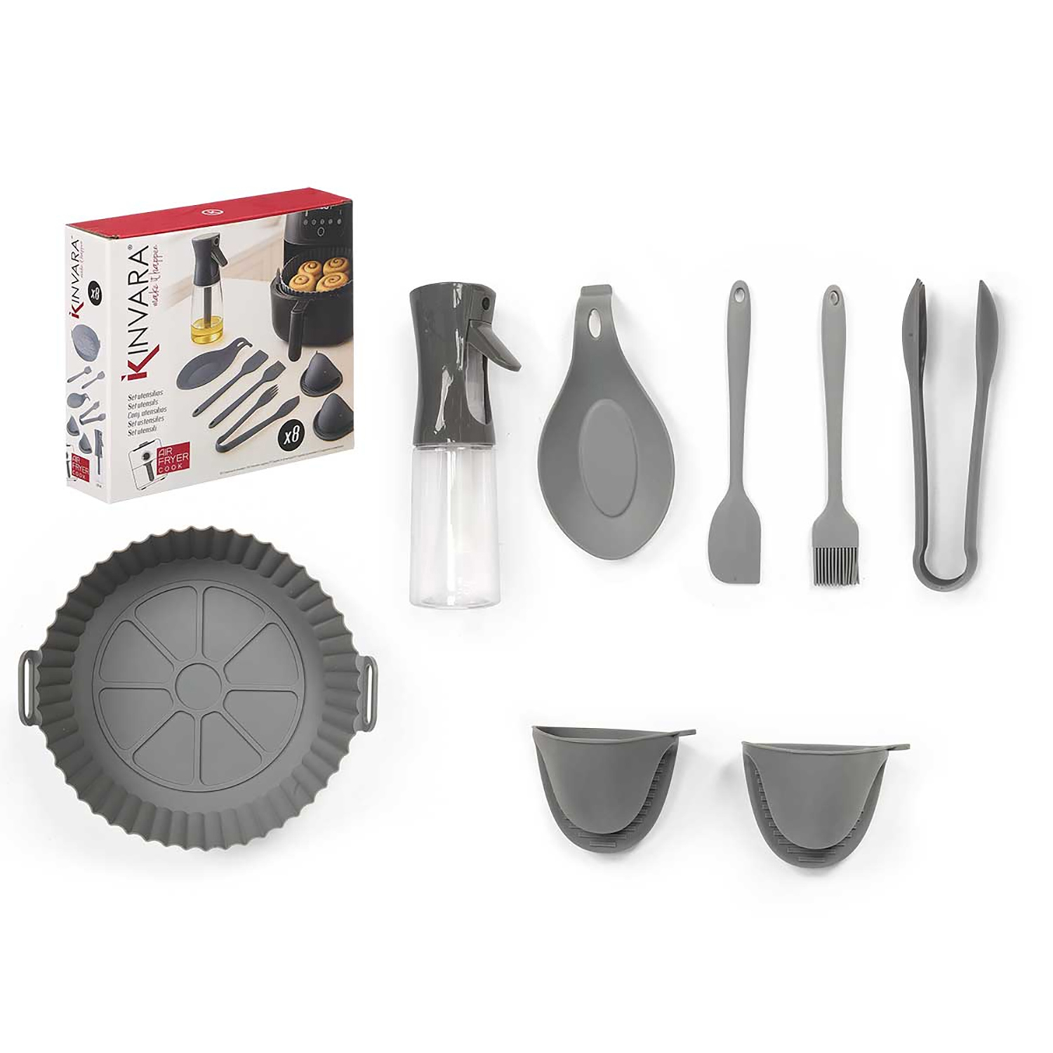Accessori grigi per friggitrice ad aria: tortiera, spruzzino, poggia-cucchiaio, spatola, pennello, pinze, presine.