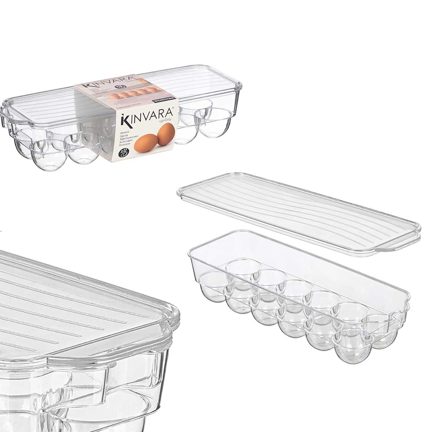 Un portauova in plastica trasparente per 12 uova con coperchio.