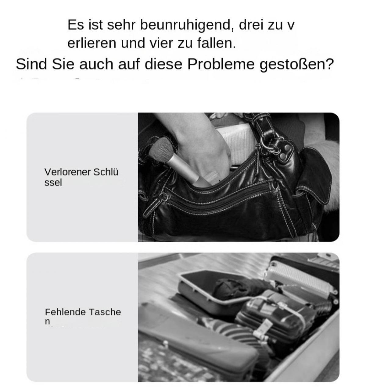 Oben: Hand sucht in Tasche. Unten: Kofferinhalt im Überblick.