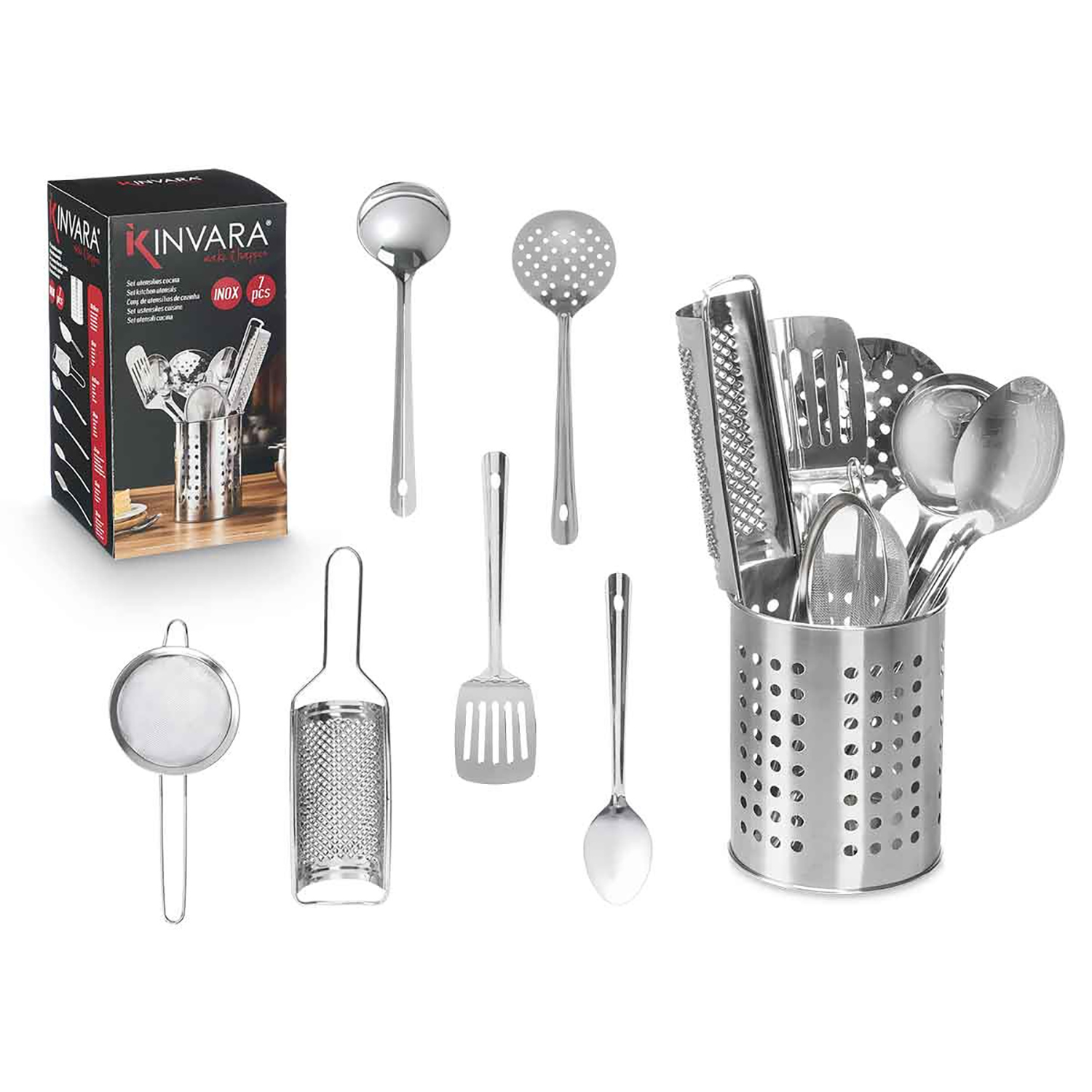 Ein 7-teiliges Küchenutensilien-Set aus Edelstahl mit Halter, inklusive Schöpflöffel, Schaumkelle, Reibe, Pfannenwender und Sieb.
