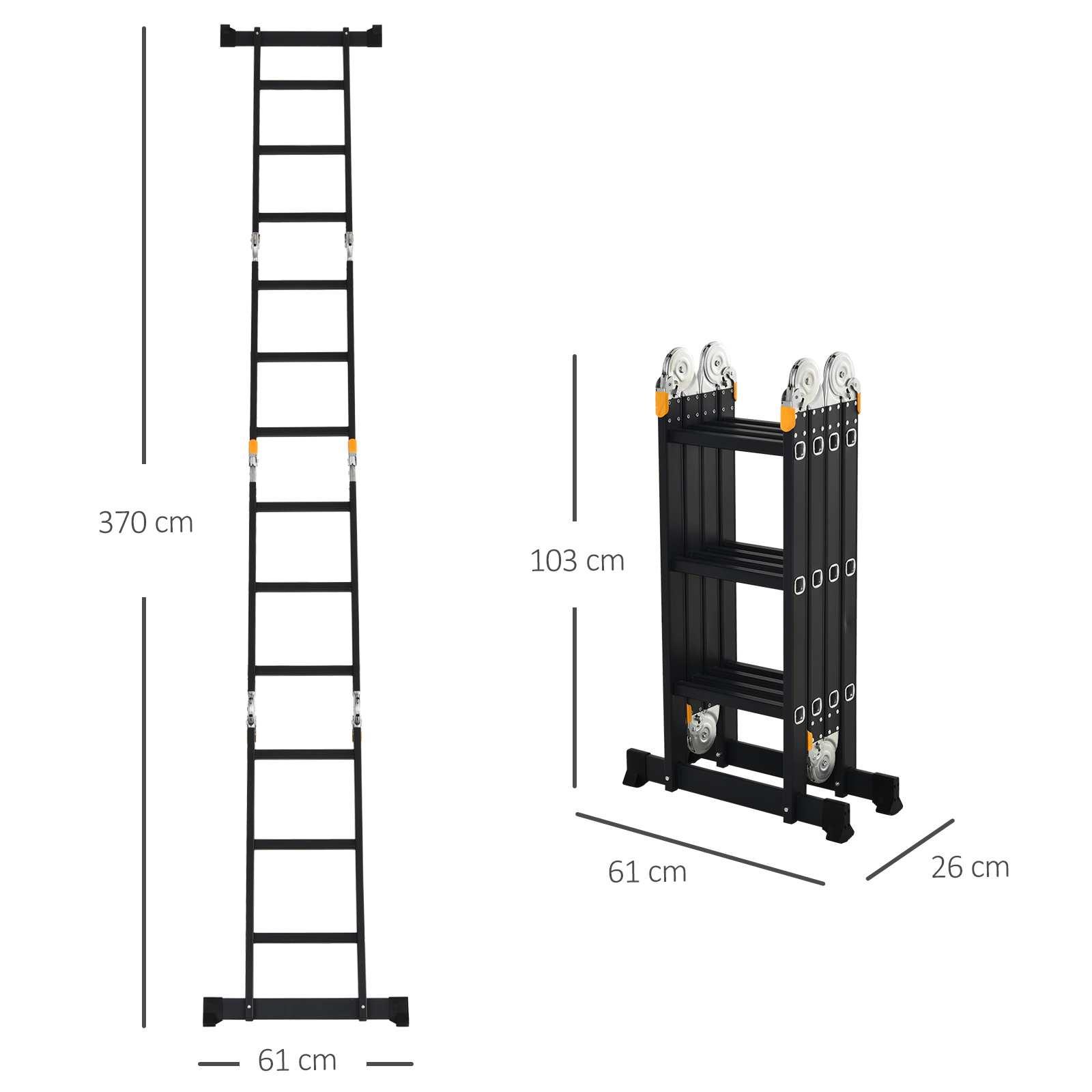 Una escalera desplegada (370cm) y una escalera plegada (103cm).