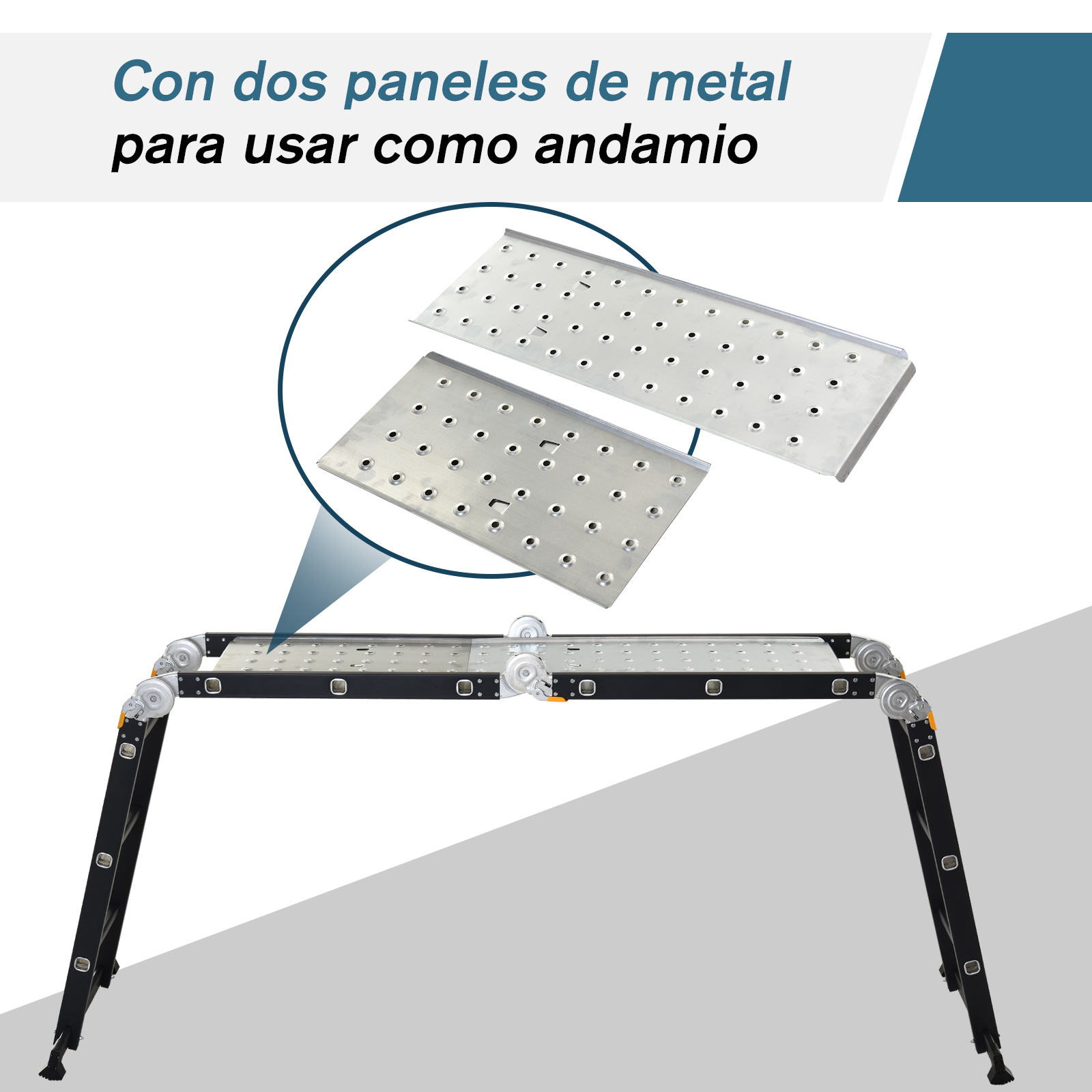 Una plataforma metálica en un andamio plegable. Se muestran dos placas metálicas arriba.
