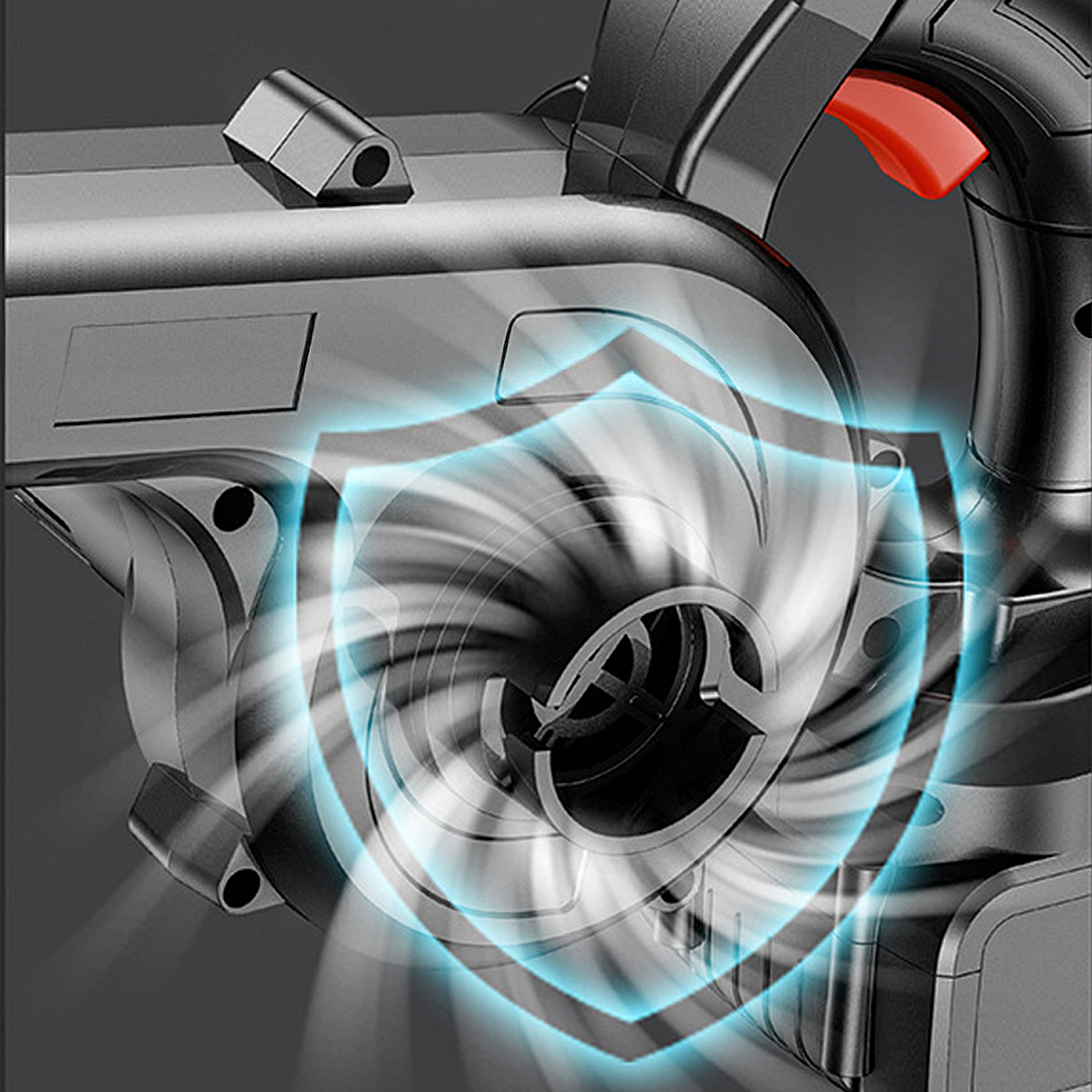 Un primer plano del motor de un soplador de hojas con ventilador giratorio y luces azules.