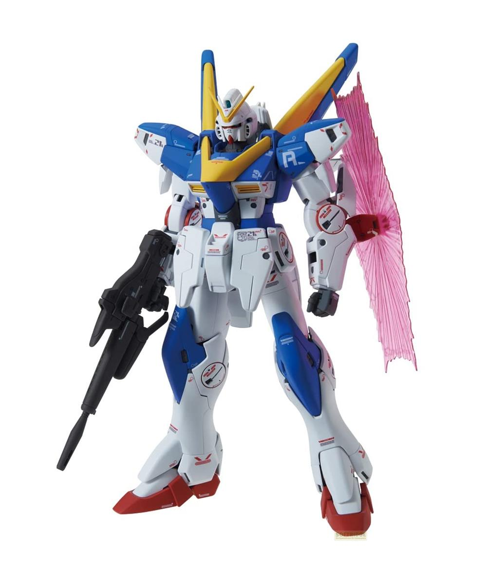 Ein weißer und blauer Gundam-Roboter mit Waffe und rosa Schild.