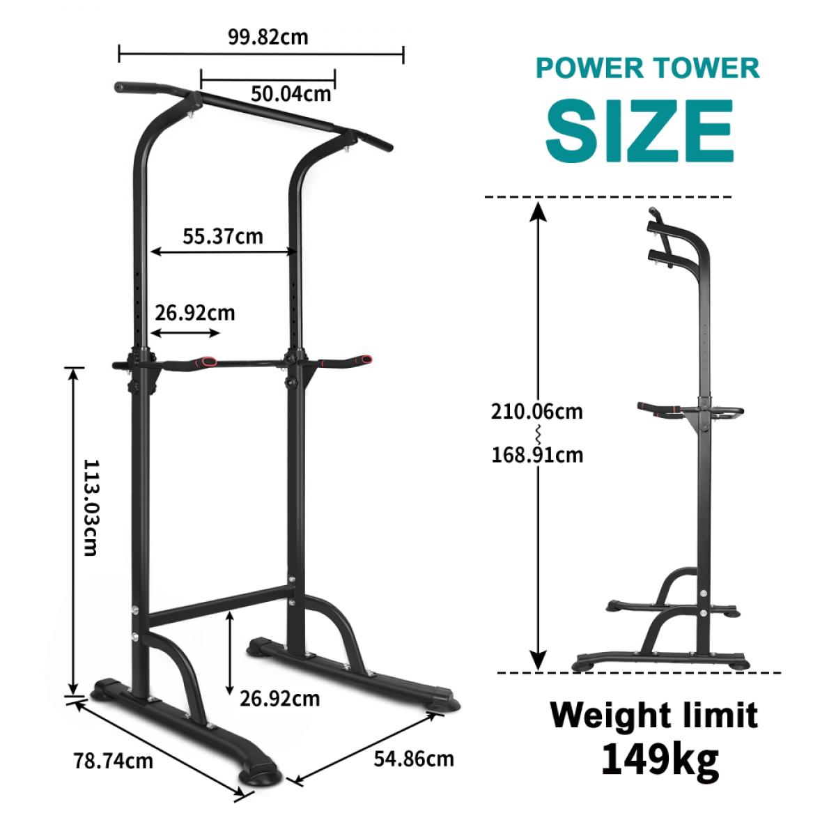 Ein schwarzer Power Tower mit Maßen und Gewichtsangabe.
