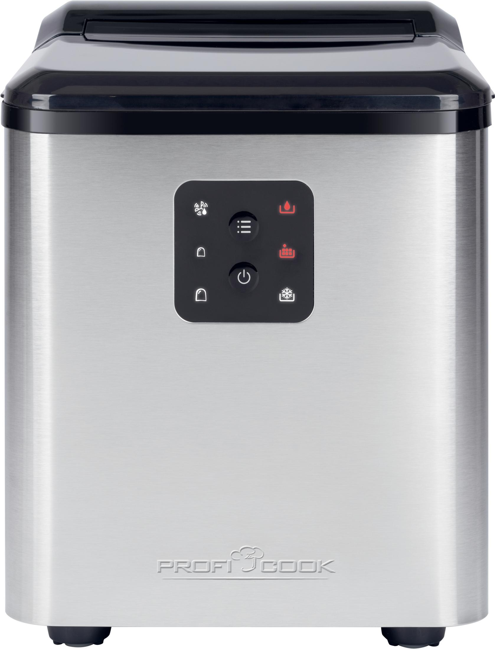 Srebrna kostkarka do lodu z czarną pokrywą i panelem sterowania.